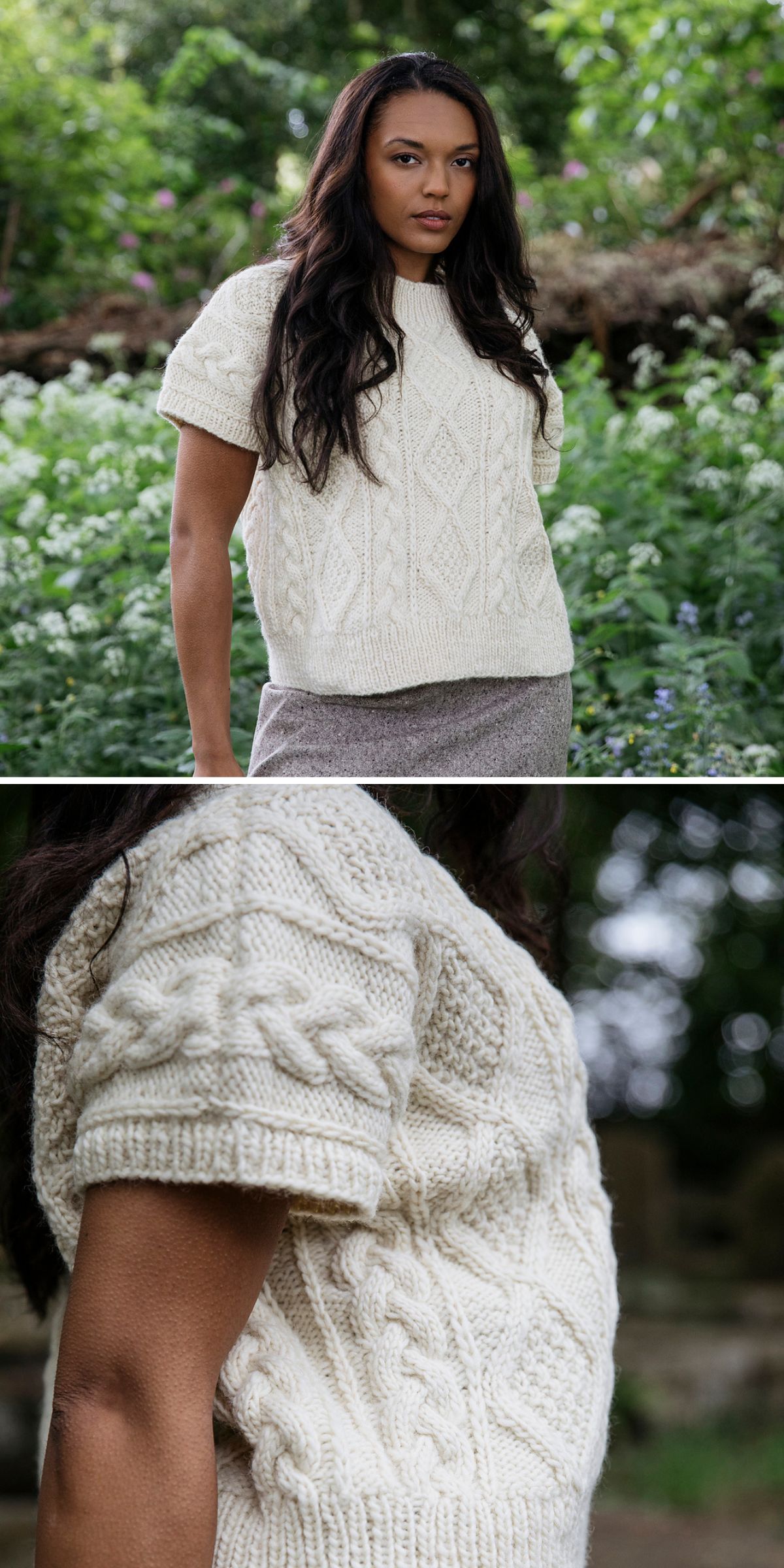 A woman stands outdoors wearing a short-sleeved, cream-colored knitted vest with cable and diamond patterns. A close-up shows the texture and sleeve detail of the sweater