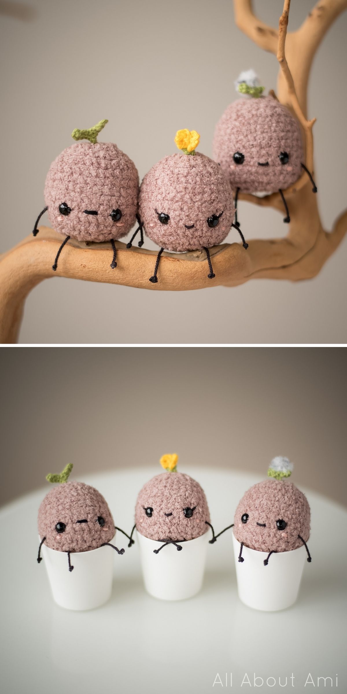 Three crocheted round plushies with stitched faces and small crochet plant sprouts on their heads are displayed sitting on a branch in the top image and nestled in small white pots in the bottom image.