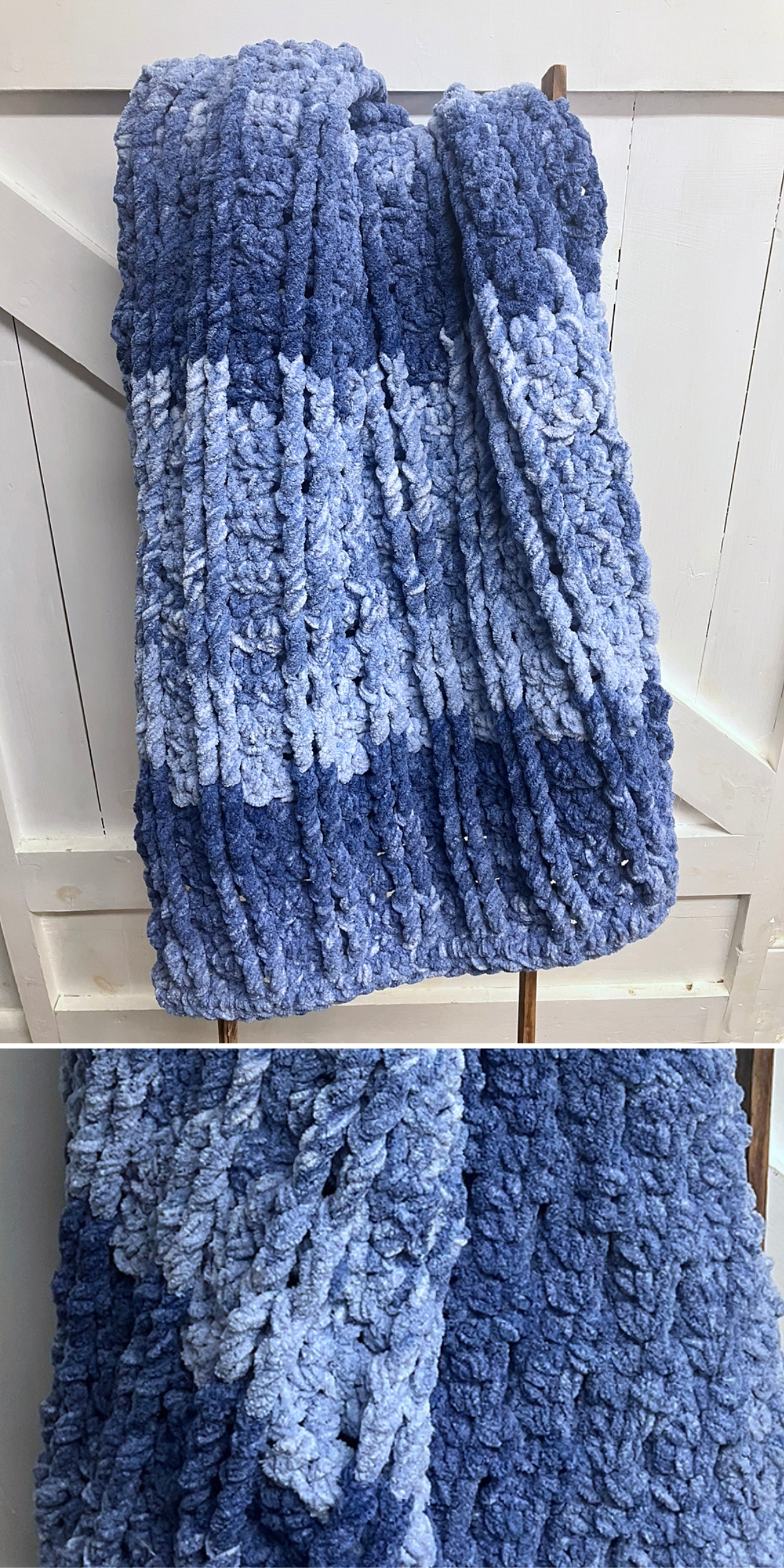 A crochet chunky blanket in varying shades of blue hangs over a white wooden chair, shown in close-up and full views.