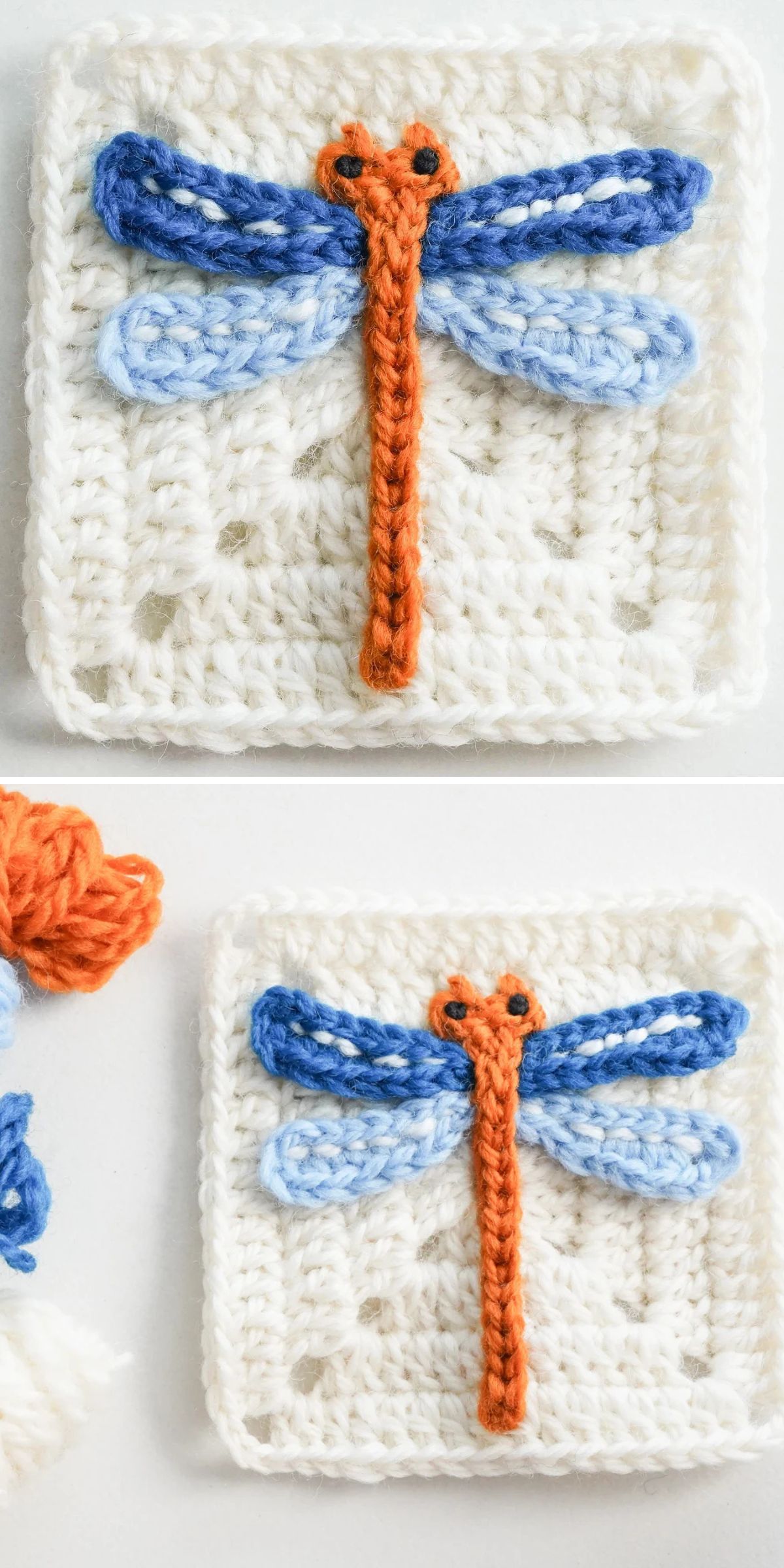 Two white crochet squares each feature a charming crochet insect design, with a dragonfly motif showcasing a bright orange body and blue yarn wings.