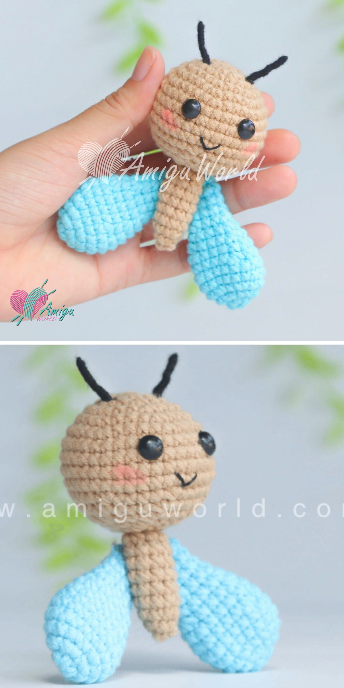 A hand holds a nature-inspired crochet insect plush with a beige head, black eyes, blue wings, and black antennae. The same crochet dragonfly plush is shown below against a blurred background.