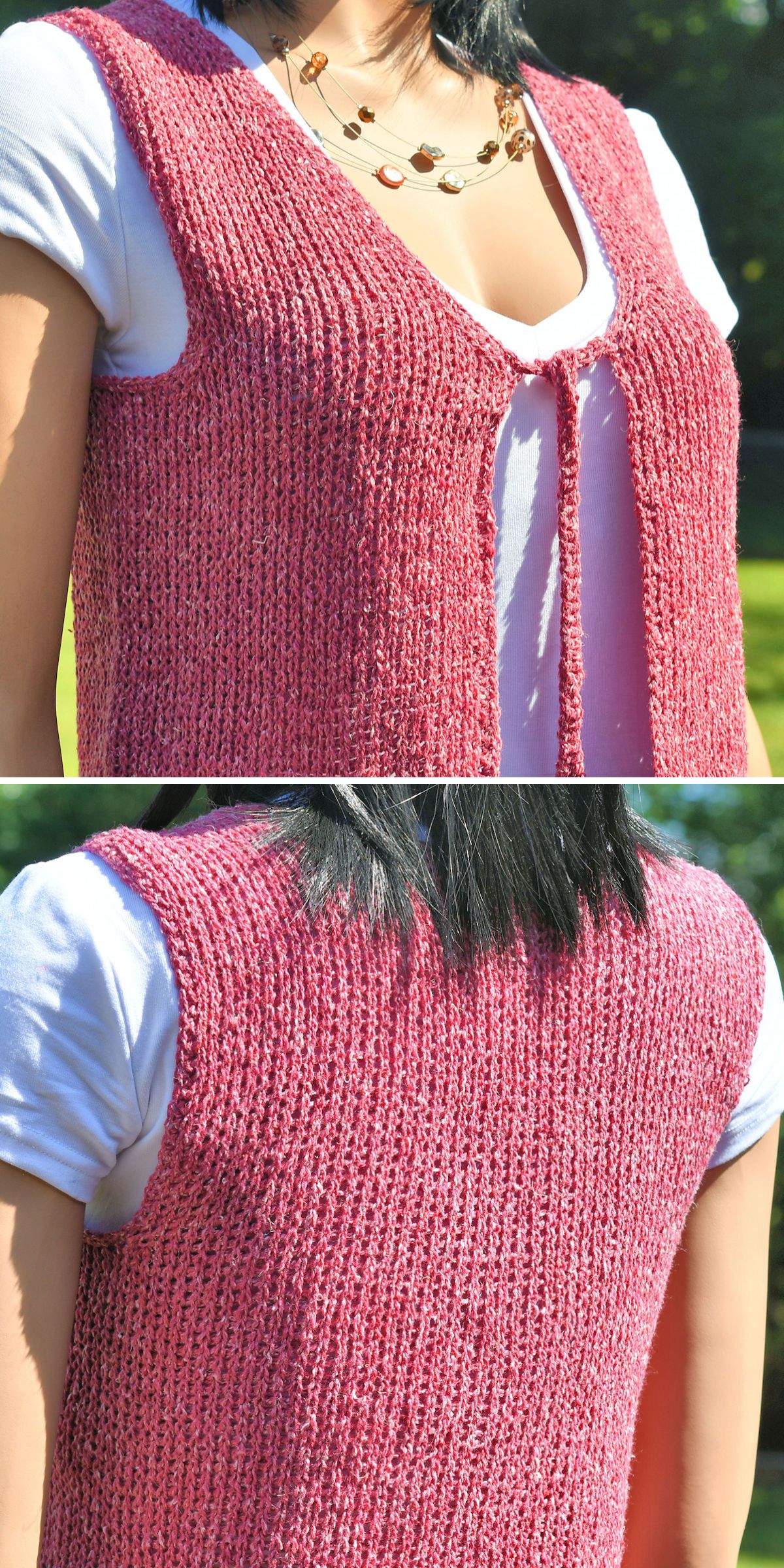 Woman wearing a sleeveless, open-front pink crochet vest over a white t-shirt, shown from the front and back outdoors.