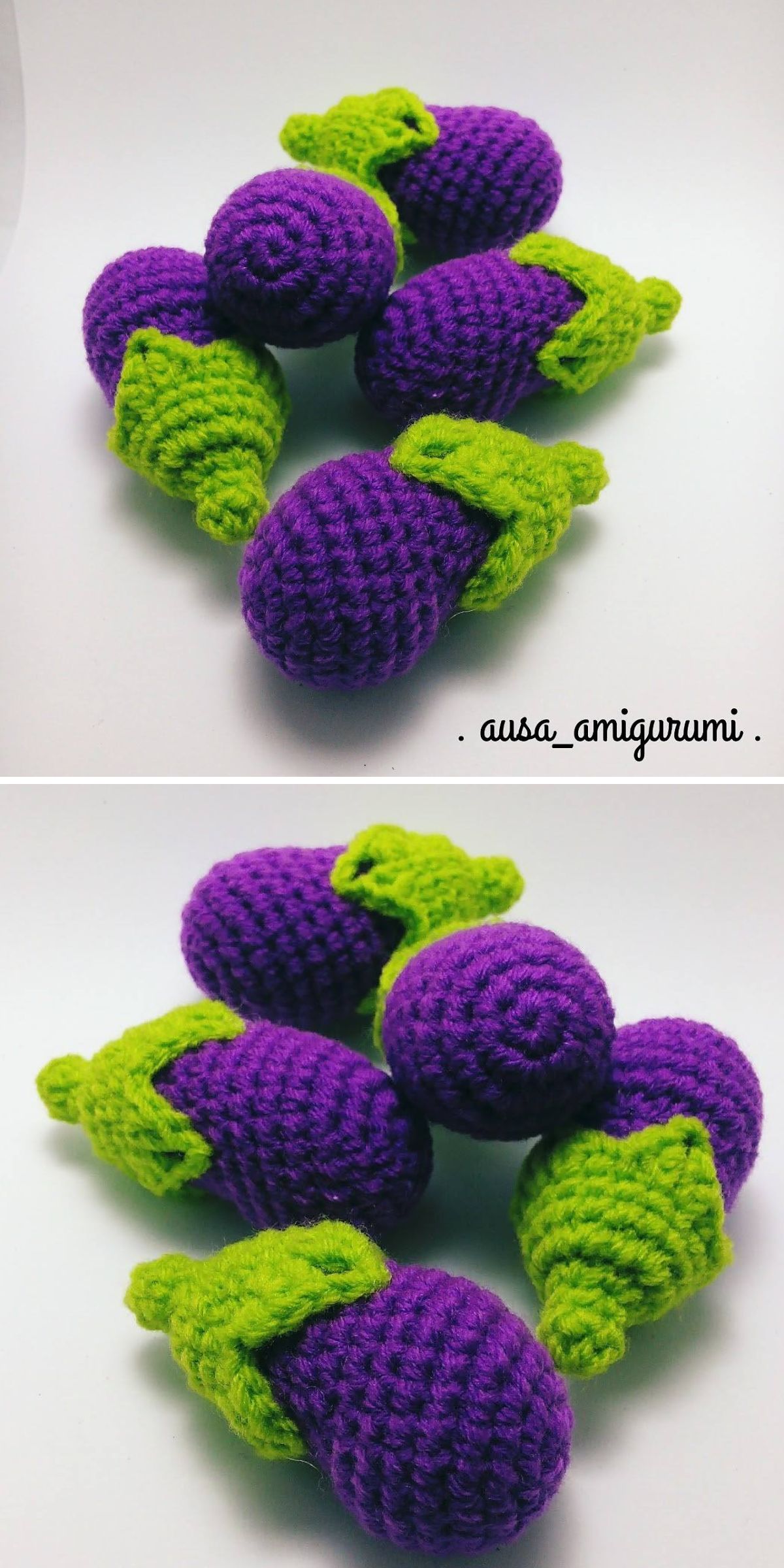 Two images show several handmade crochet eggplants in purple yarn with green tops, carefully arranged on a white surface.