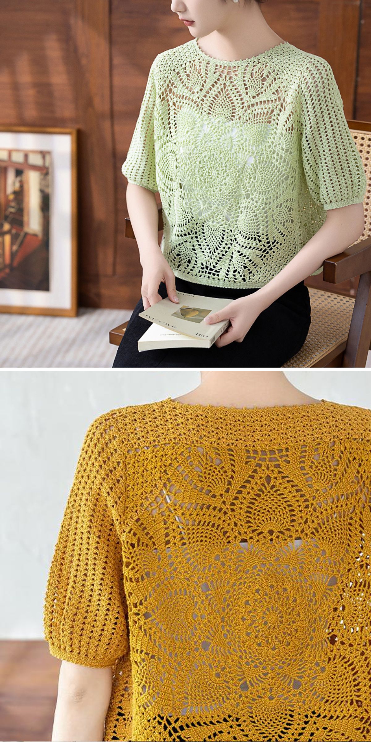 A person in a green crochet tee holding a book sits on a chair; below, a closeup of a yellow crocheted top with a floral pattern is shown from the back.