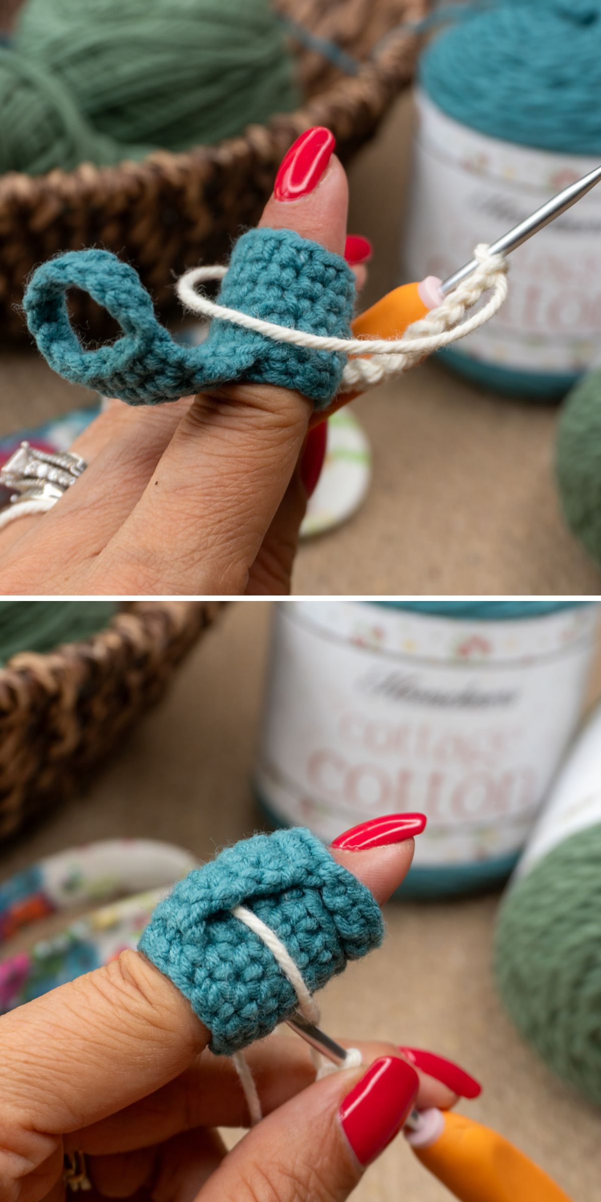 Close-up of hands crocheting a crochet cozy with teal yarn, showing the yarn wrapped around a finger and a crochet hook in use, with spools of yarn blurred in the background.