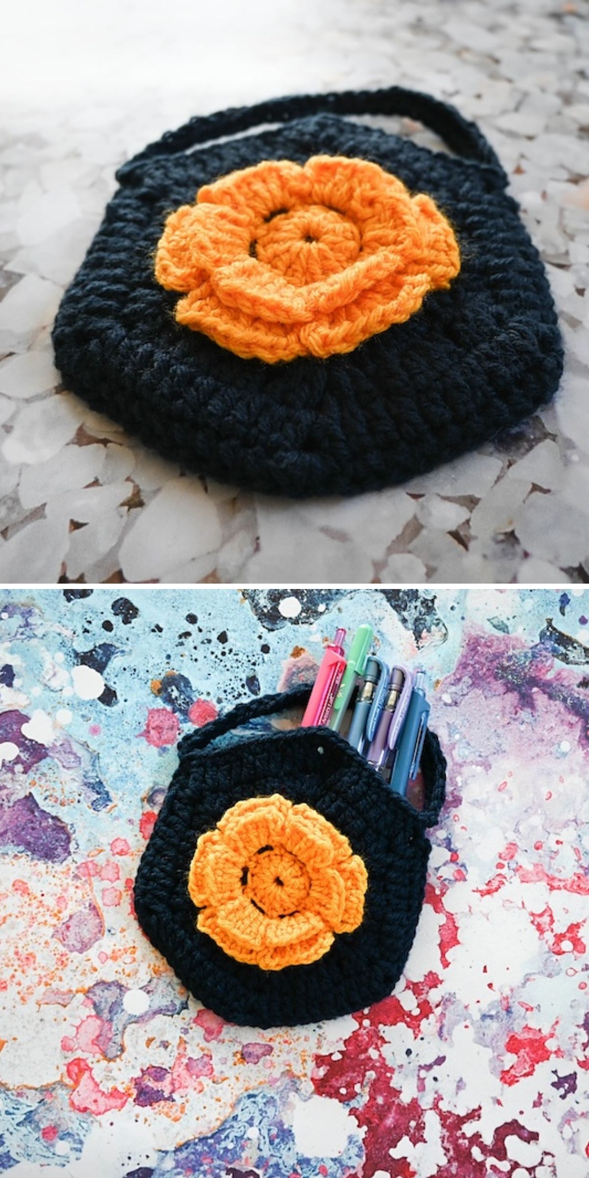 A small black crocheted pouch with a large orange flower decoration, shown empty in one image and holding pens in the other — this charming crochet bag for kids is perfect for carrying little treasures or school supplies.