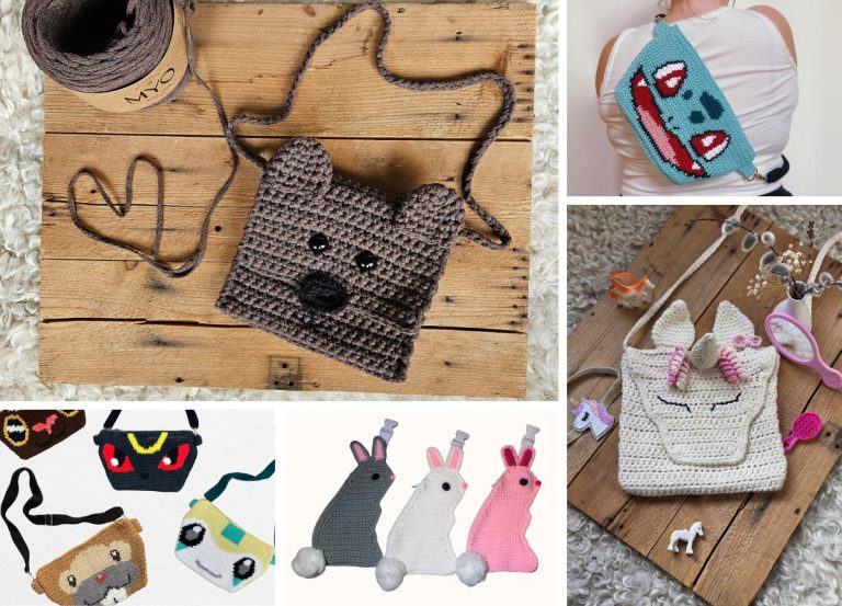 Five photos of crocheted animal and character bags, including a bear, unicorn, bunnies, and other cartoon-style designs — perfect ideas for kids crochet bags — are displayed on wood, fabric, and modeled on a person. Great inspiration if you’re searching for new crochet bag patterns to try!.