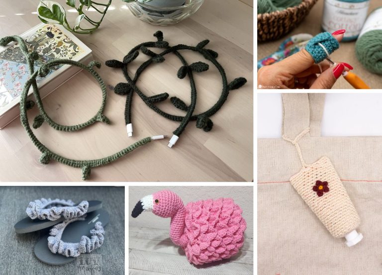 Collage of handmade crochet cosies: leaf-patterned cords, finger protector, flip flops raffle decor, pink flamingo toilet paper cozy, and a crochet cozy tube holder with a flower, displayed on light wooden and fabric backgrounds.