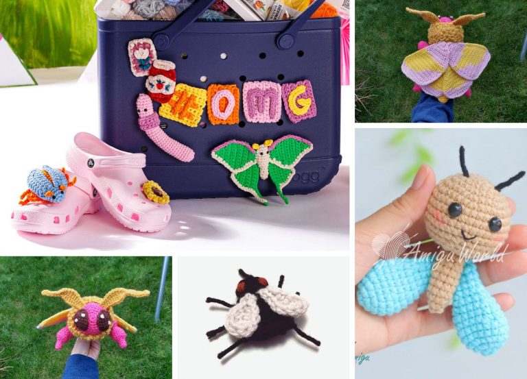 A collage of crocheted insect figures, made with free crochet insect patterns, features butterflies, bees, and a ladybug displayed on shoes, grass, a box, and held in hand.
