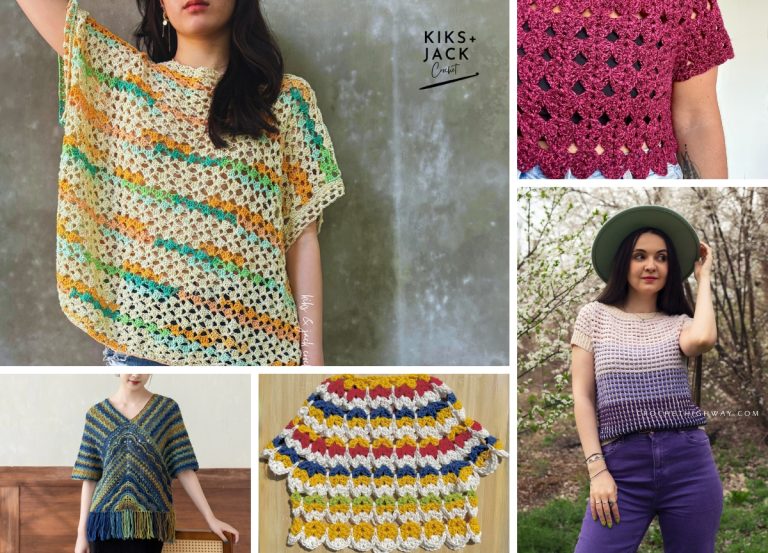 A collage of five women wearing various crocheted tops in different colors and patterns, posing indoors and outdoors. Discover stylish inspiration and find your next project with these beautiful Crochet Tee Patterns — perfect for anyone searching for free crochet patterns to create their own unique looks.
