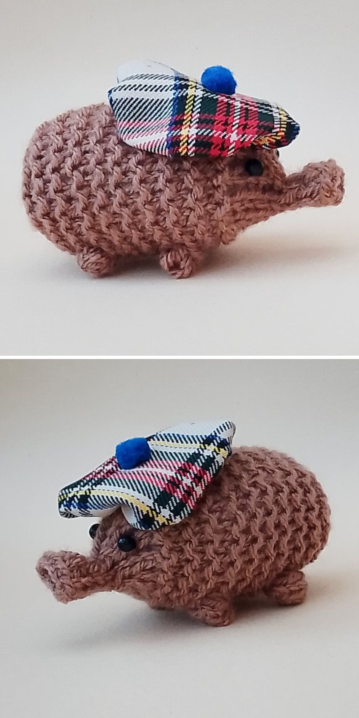 A knit toy in the form of a knitted animal figure with a plaid hat and blue pompom, shown from two side angles against a plain background.