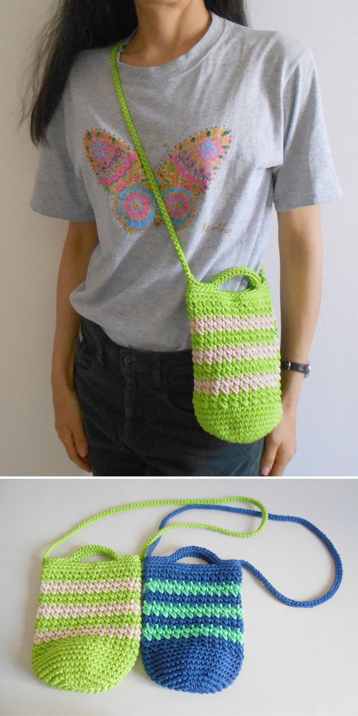A person wears a crochet crossbody bag in green and pink tones. Below, two crochet crossbody bags are displayed: one in green and pink, the other in blue and green, both featuring vibrant striped patterns.