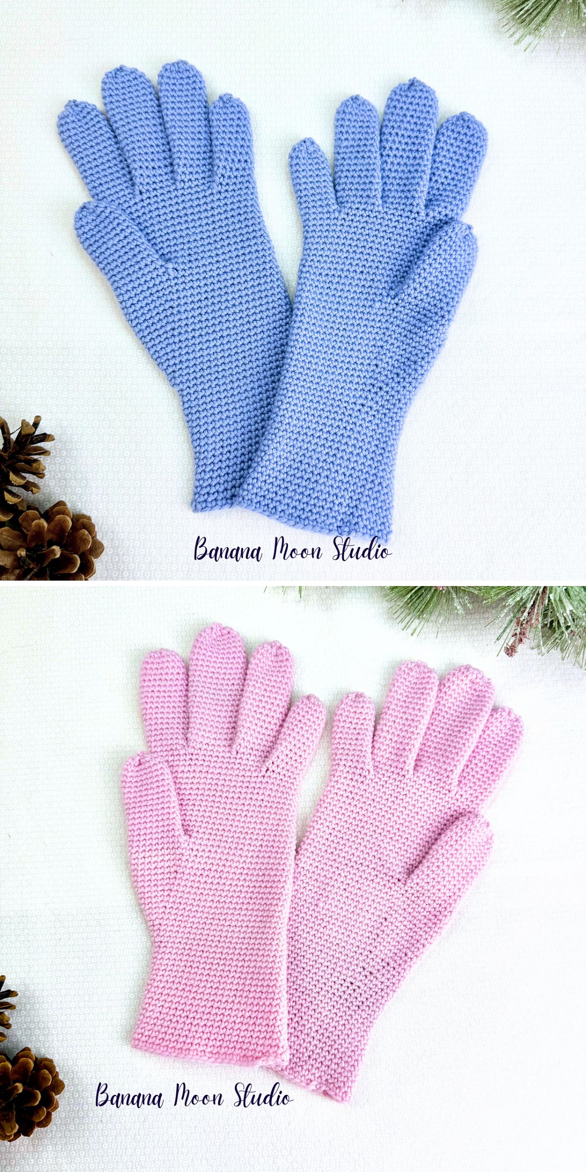 Two pairs of crocheted gloves, one blue and one pink, are displayed flat on a white surface with pinecones and greenery nearby, perfectly showcasing charming crochet glove and mitten patterns.