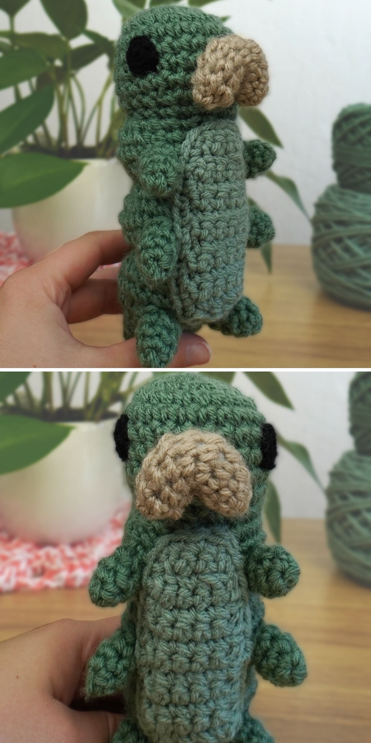 Two photos of a hand holding a small crocheted green caterpillar with a beige mouth and black eyes, with yarn, plants, and a crochet insect in the background.