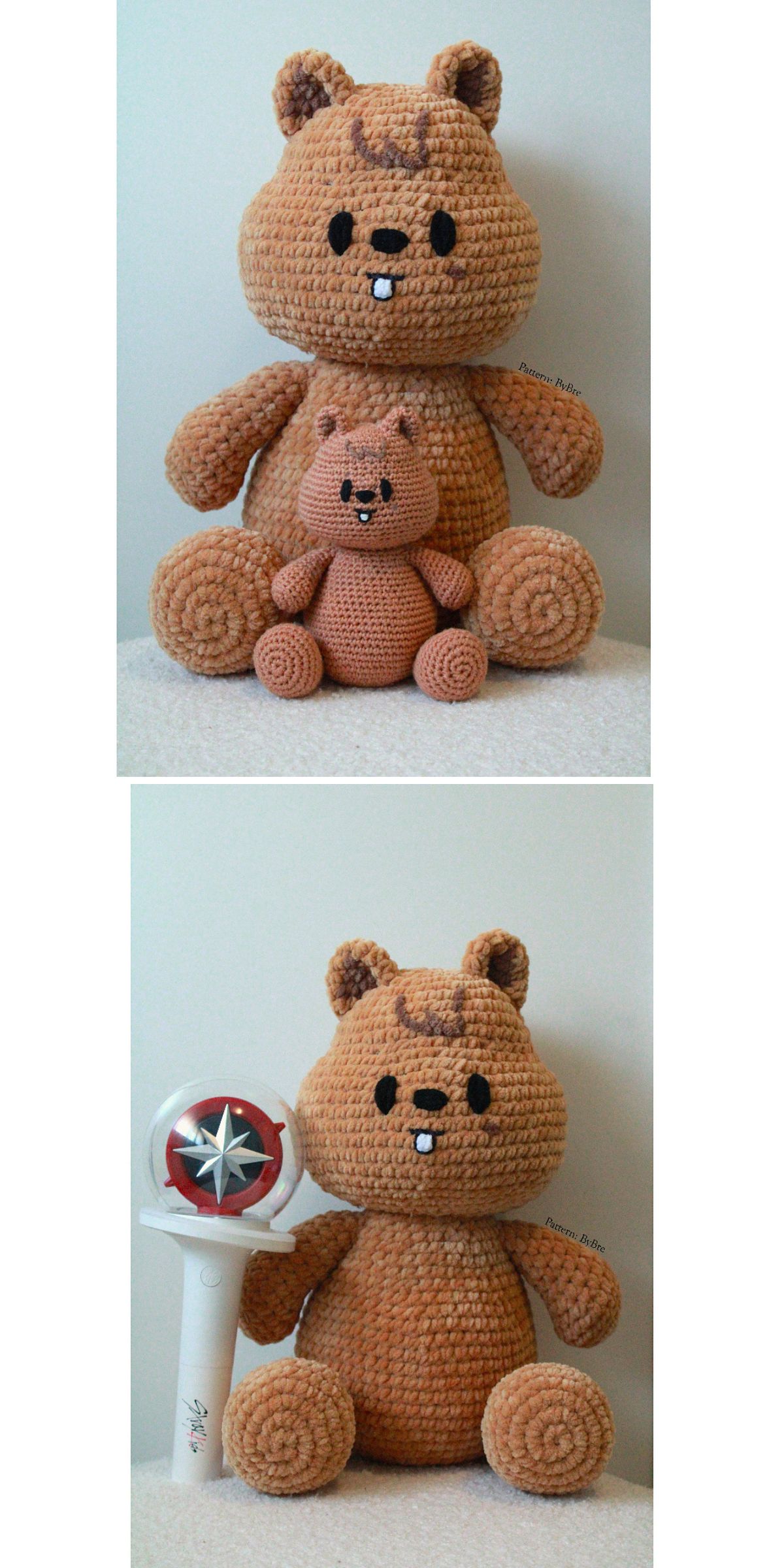 Two photos of a crochet animal quokka plush toy; the first features a smaller quokka, while the second shows a white and red wand-like object beside the larger quokka.