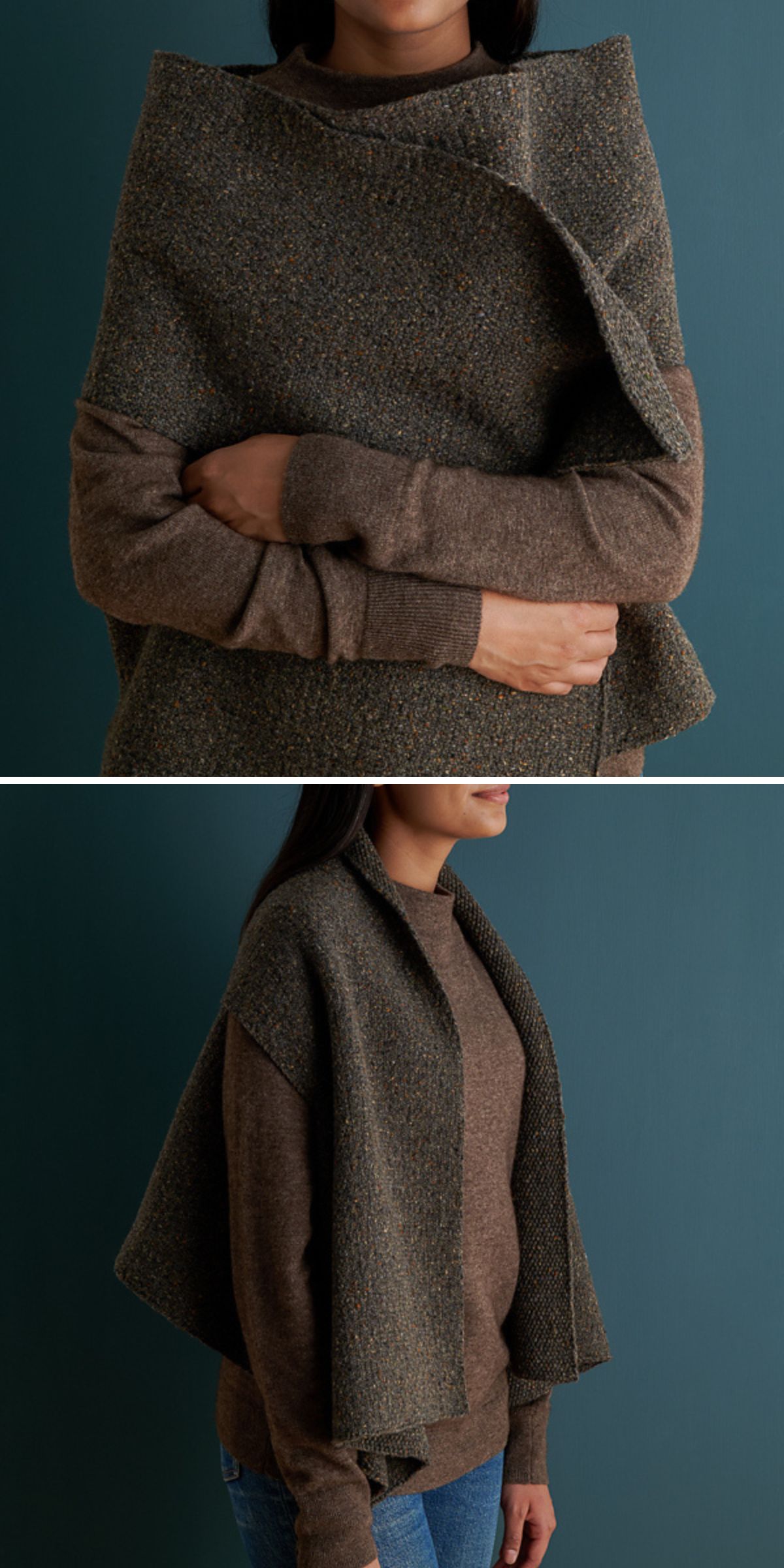 A person wearing a brown sweater and a textured gray-green wrap — perfect inspiration for free knitting patterns for wraps — shown from the front with arms crossed and from the side.