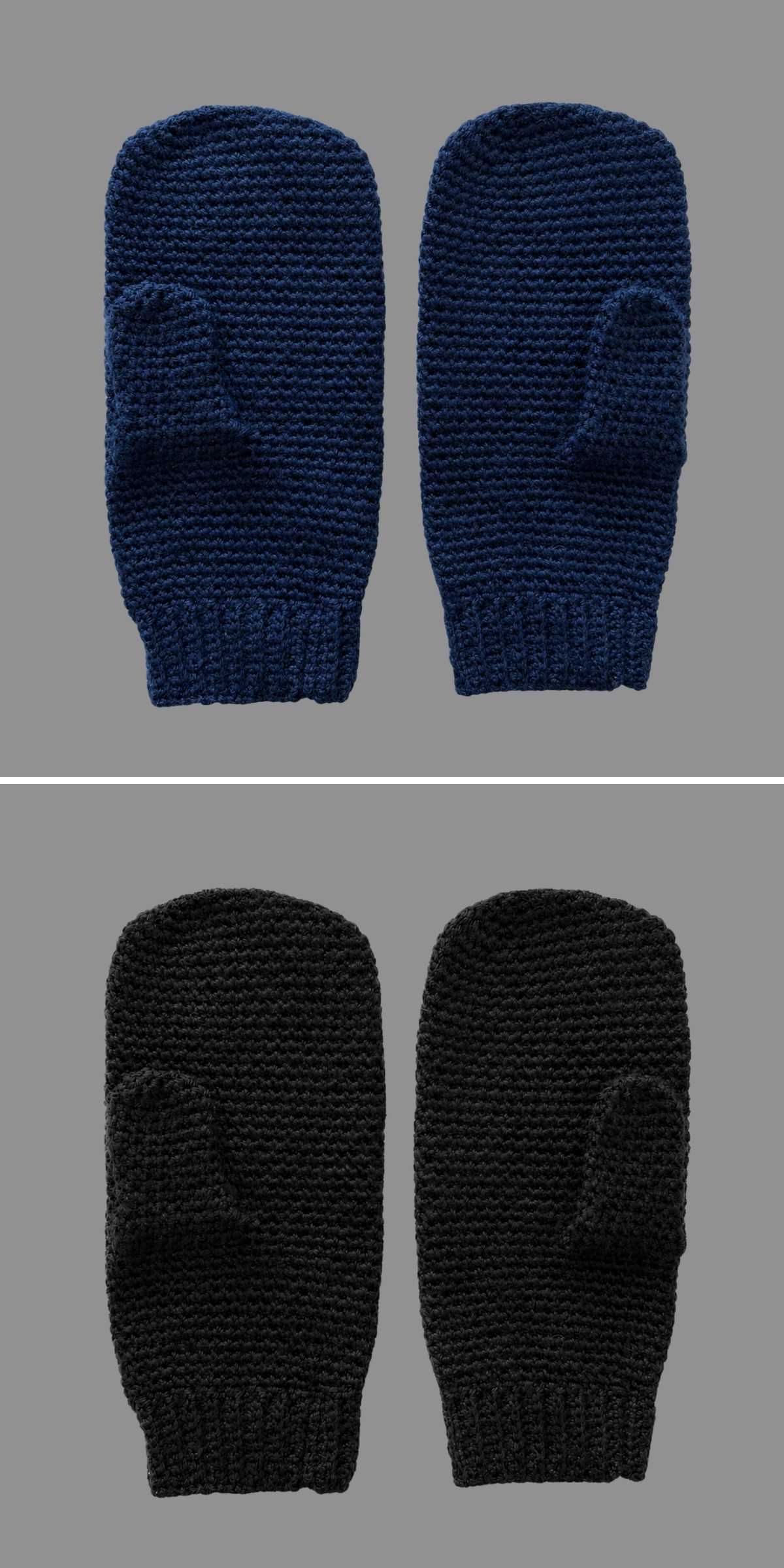 Two pairs of crochet mittens are displayed on a gray background; one pair is dark blue and the other is black, showcasing classic style perfect for anyone seeking inspiration for crochet glove and mitten patterns.