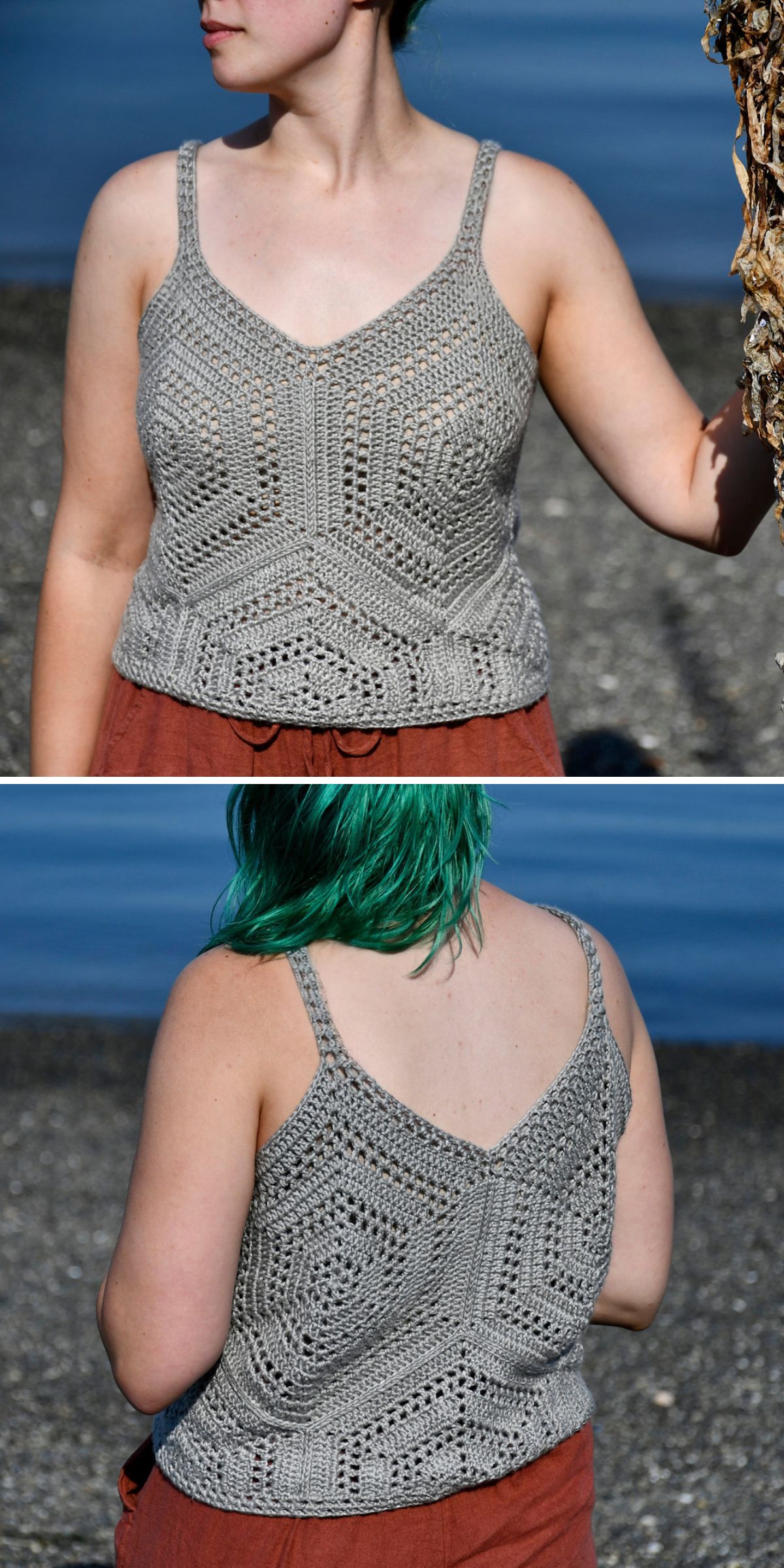 A person with green hair wears a gray crocheted tank top featuring a geometric pattern, shown from the front and back, standing outdoors by water and rocks. This breezy summer crochet look is perfect for warm days, and its stylish design is ideal for those searching for unique crochet tank top patterns.