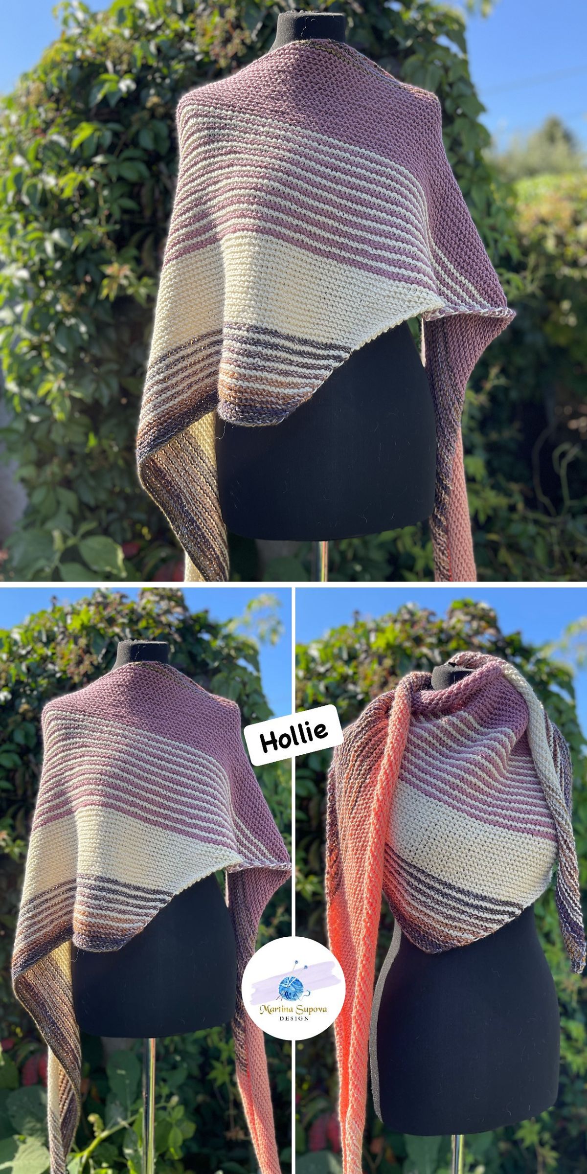 Knitted shawl in gradient shades of purple, cream, and brown displayed on a mannequin outdoors, shown from multiple angles — perfect inspiration for those searching for free knitting patterns for wraps.