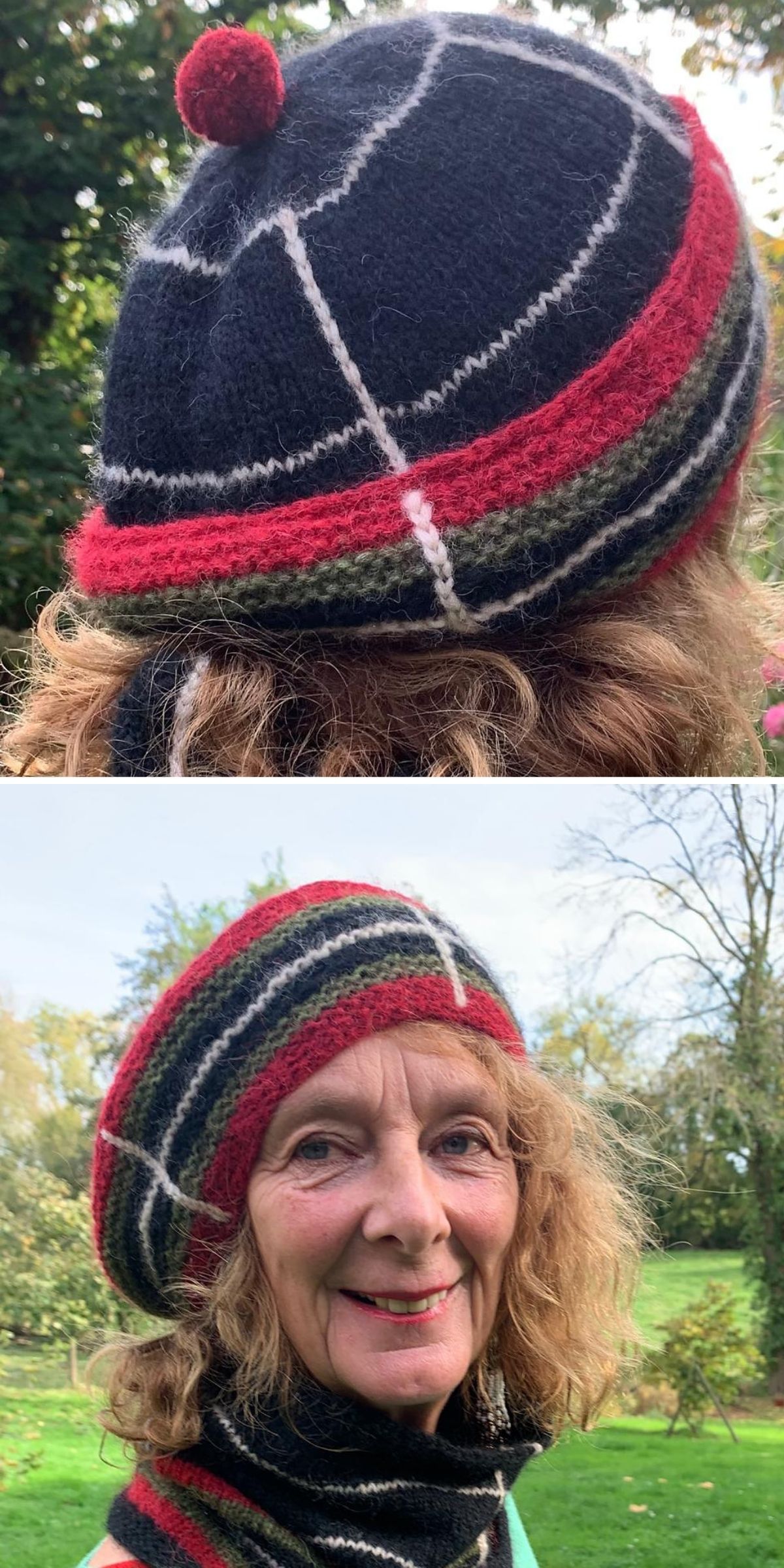 A woman with curly hair wears a knitted beret featuring black, red, green, and white stripes with a small red pom-pom, shown from the back and front in an outdoor setting.