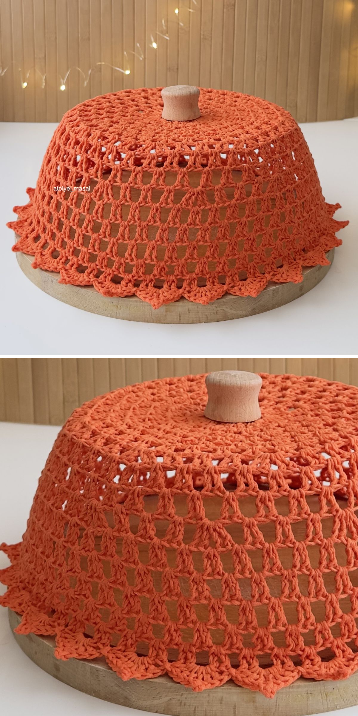A round wooden tray is covered by an orange, hand-crocheted dome cover with a wooden handle on top, resembling a charming crochet cozy, shown from two angles against a light background.
