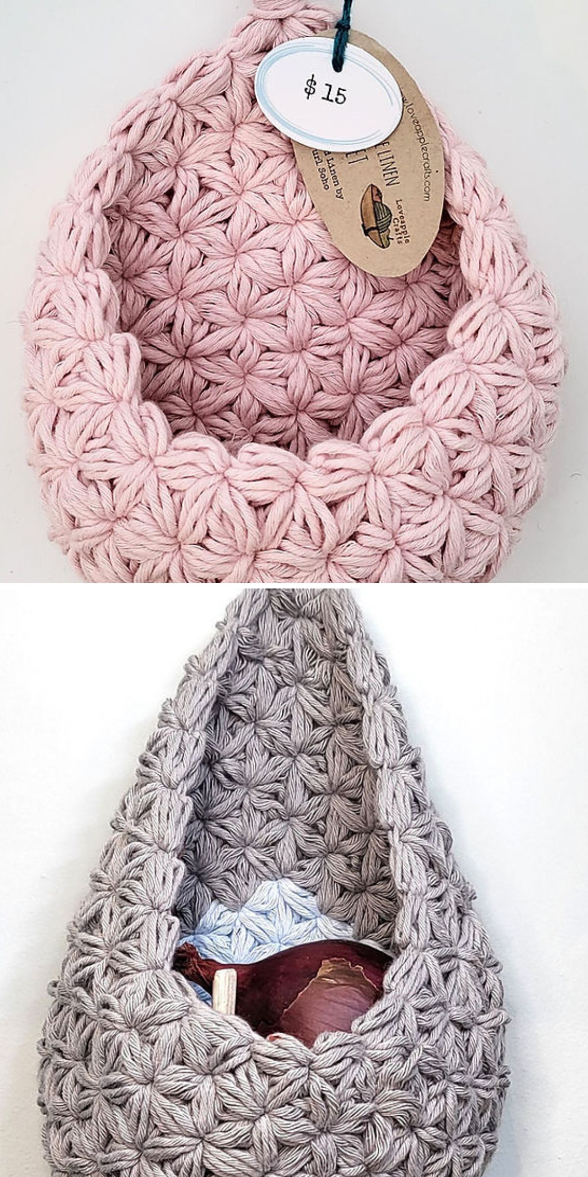 Two crochet baskets are featured: one pink, empty, and adorned with a $15 price tag, and one gray, holding small items. Both crocheted hanging baskets are displayed against a plain background.
