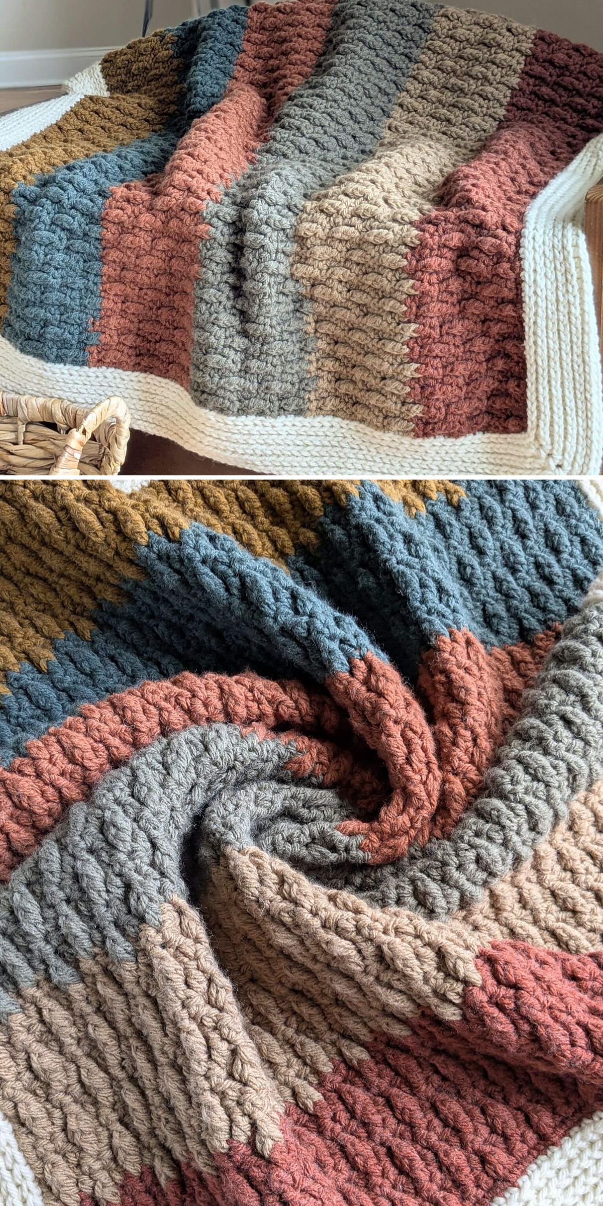 A crochet blanket with textured, wide horizontal stripes in rust, blue, gray, brown, and tan, bordered by a thick cream edge — perfect for fans of Crochet Chunky Blanket Patterns seeking cozy inspiration.