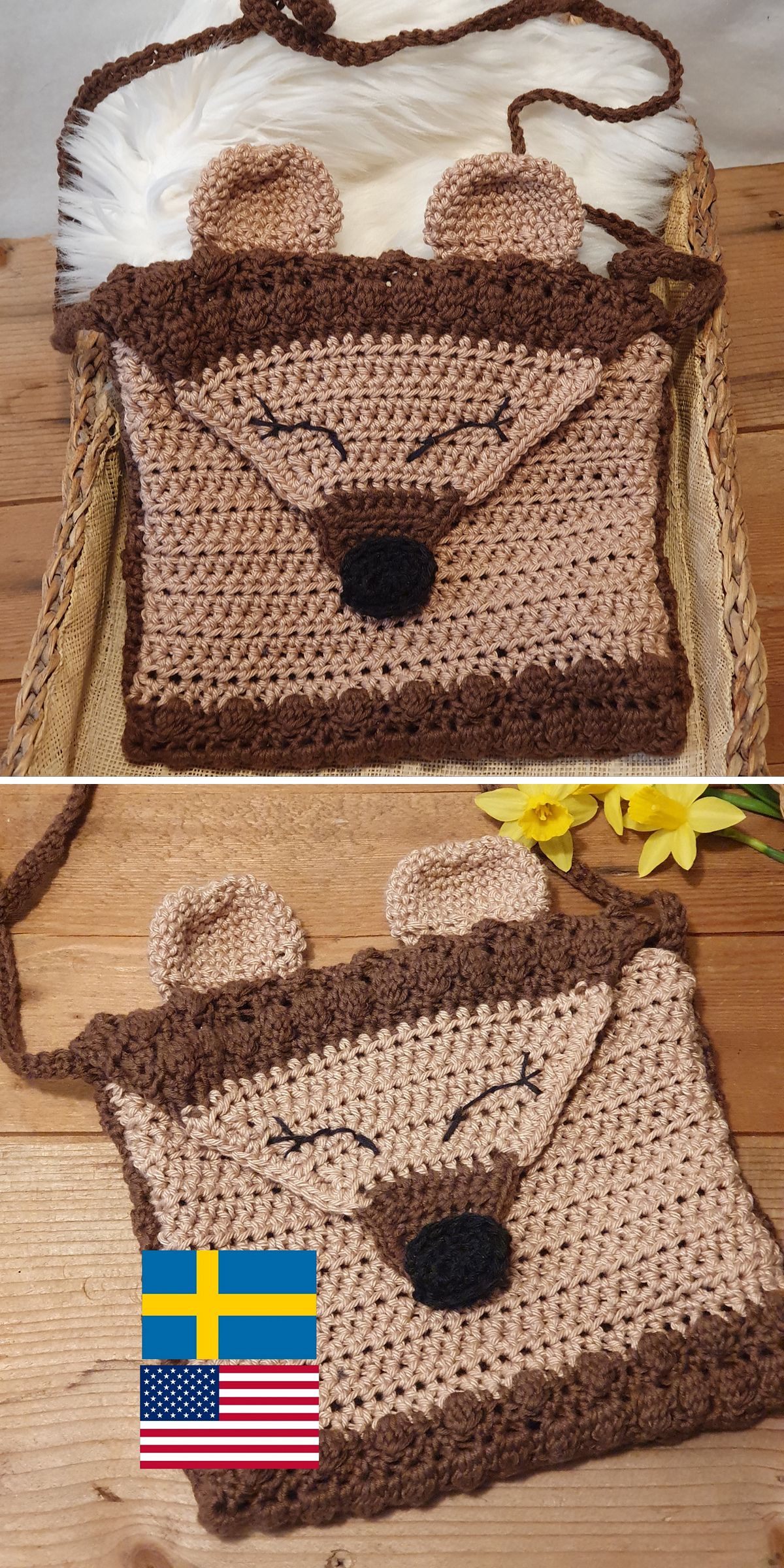 Crocheted animal face purse with ears, a black nose, and embroidered eyes, shown on a wooden surface with decorations—this charming crochet bag for kids also features two flag icons in the second image.