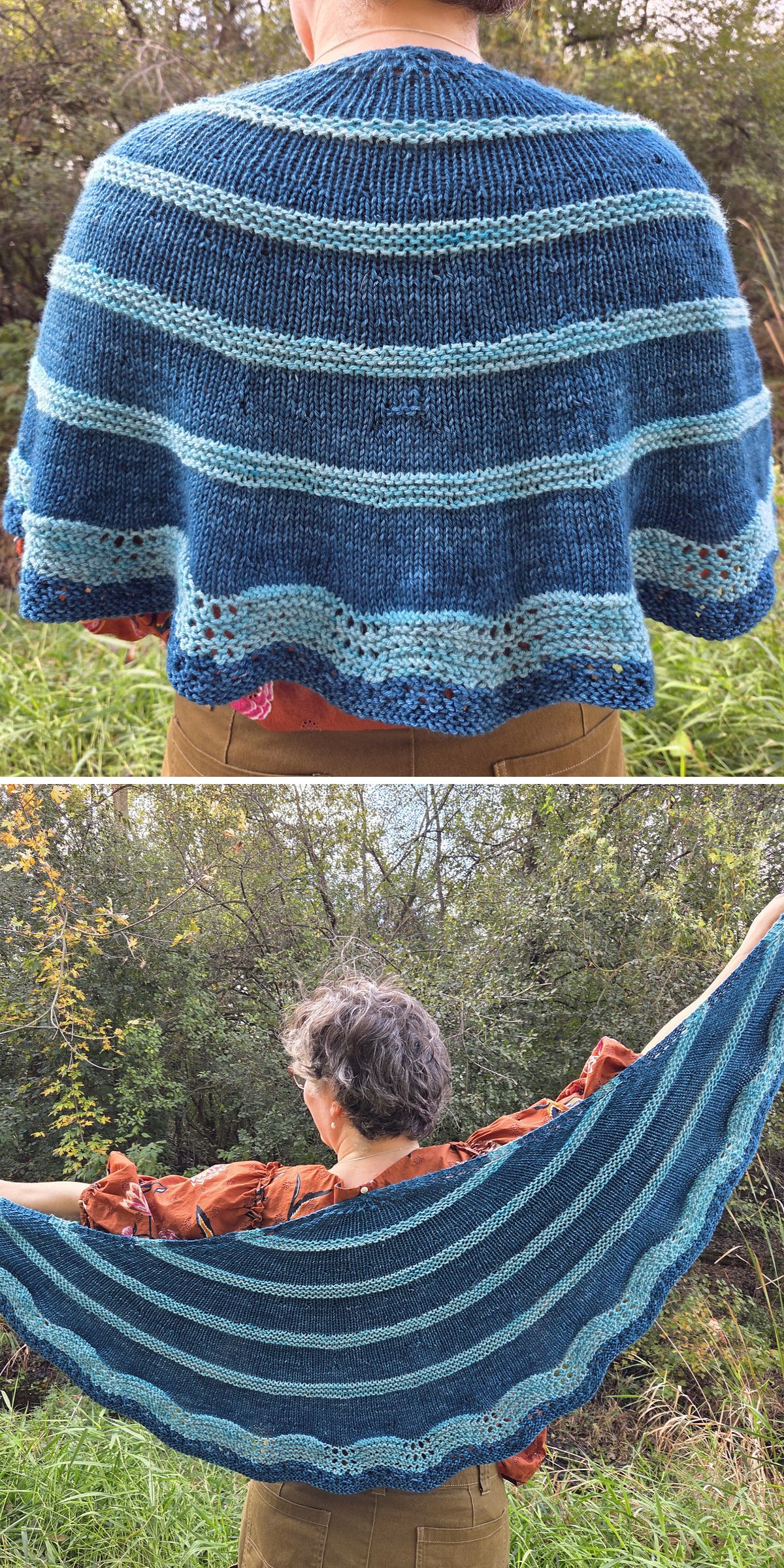 A person outdoors displays a hand-knitted, blue striped knit shawl with eyelet details, first draped over their shoulders and then held open to show its full semicircular shape.