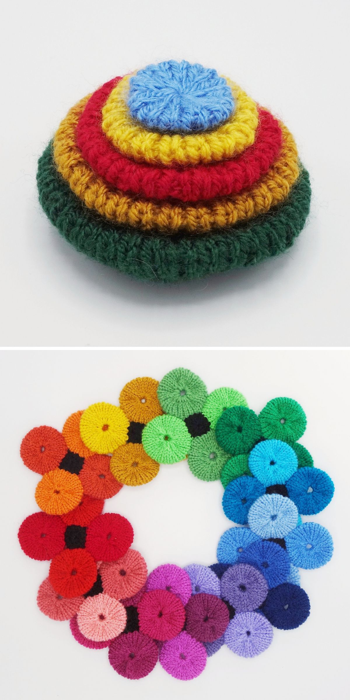Top: Four stacked, round knitted discs in blue, yellow, red, and green showcase a playful knit toy vibe. Bottom: Multiple knitted discs arranged in a gradient color wheel pattern on a white background.
