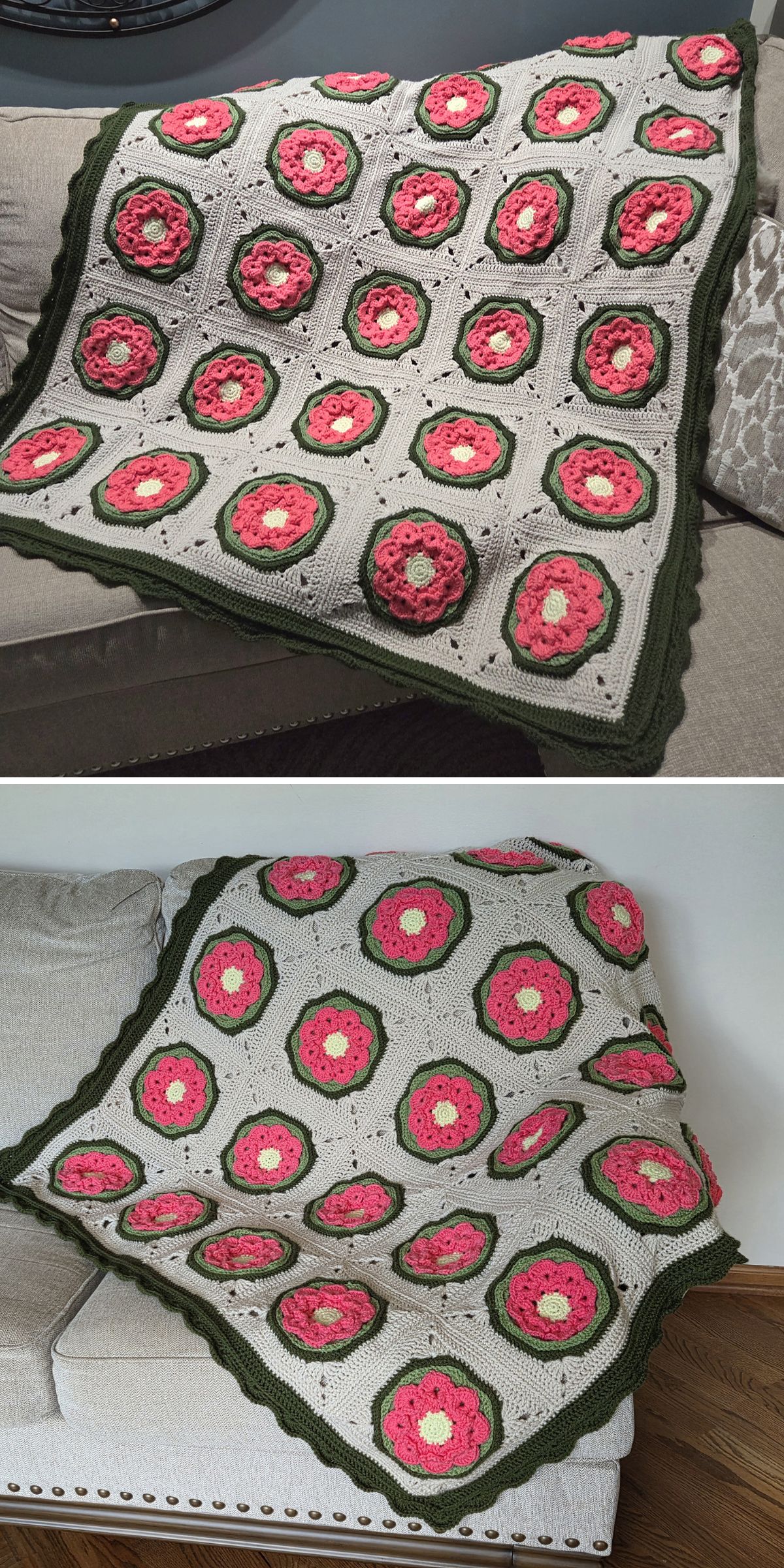 Crochet flower blanket featuring pink flower motifs in green squares, bordered by dark green, draped over a beige couch.