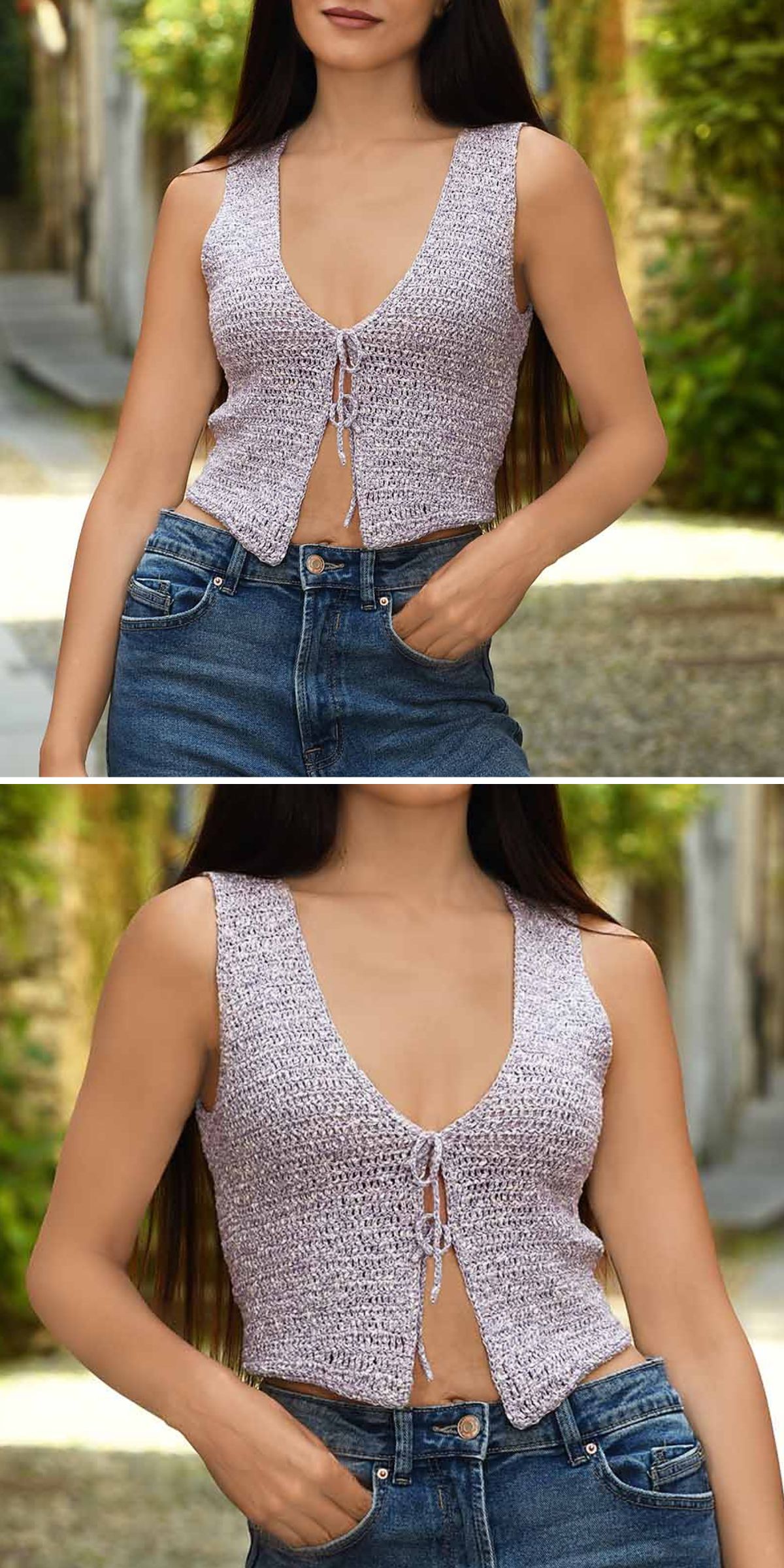 Woman standing outdoors wearing a sleeveless, crocheted, light purple vest with front ties and blue jeans
