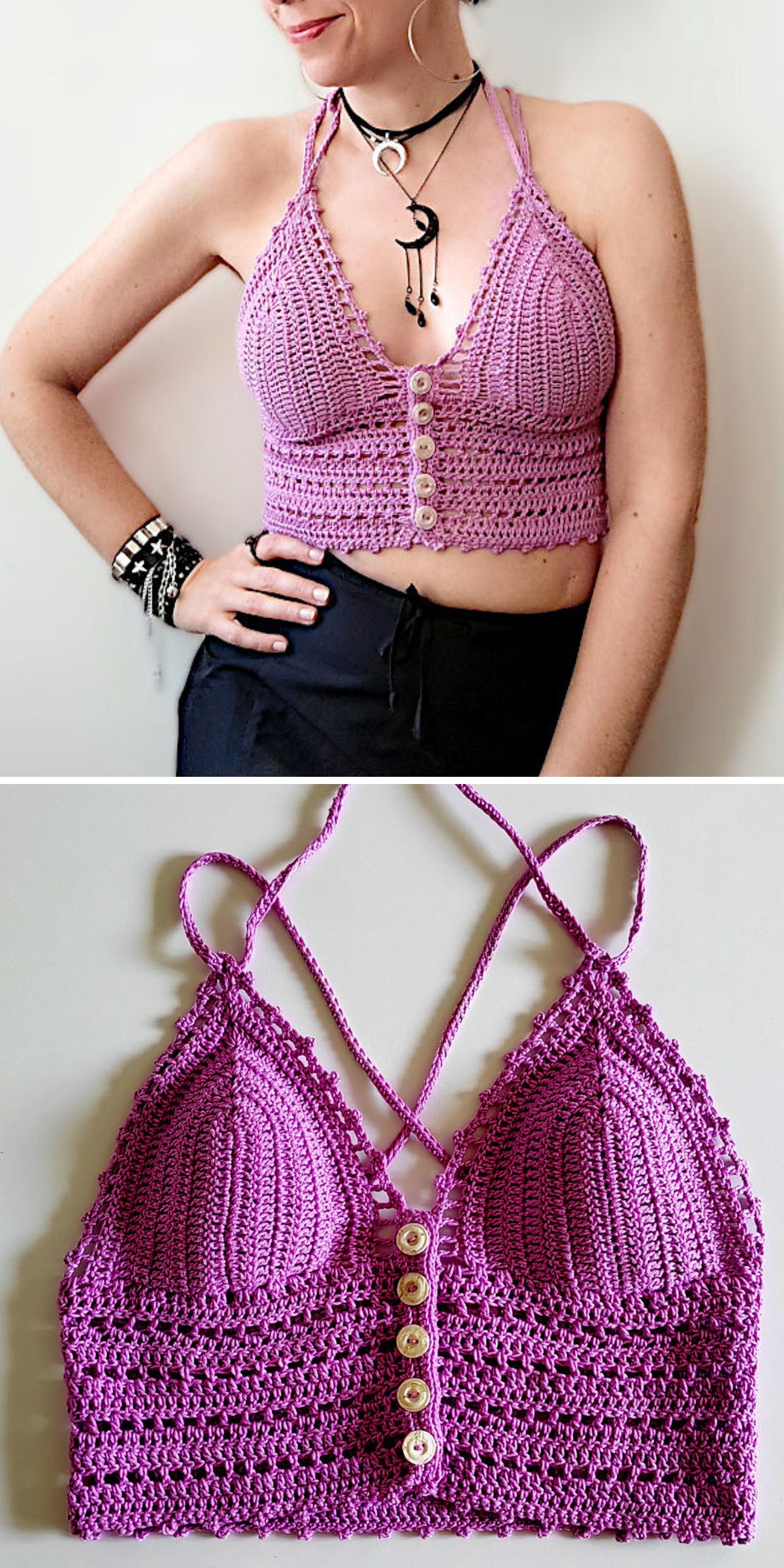 A person wears a purple crochet tank top with buttons; below is a close-up of the same top laid flat, showing its texture and crisscross straps.