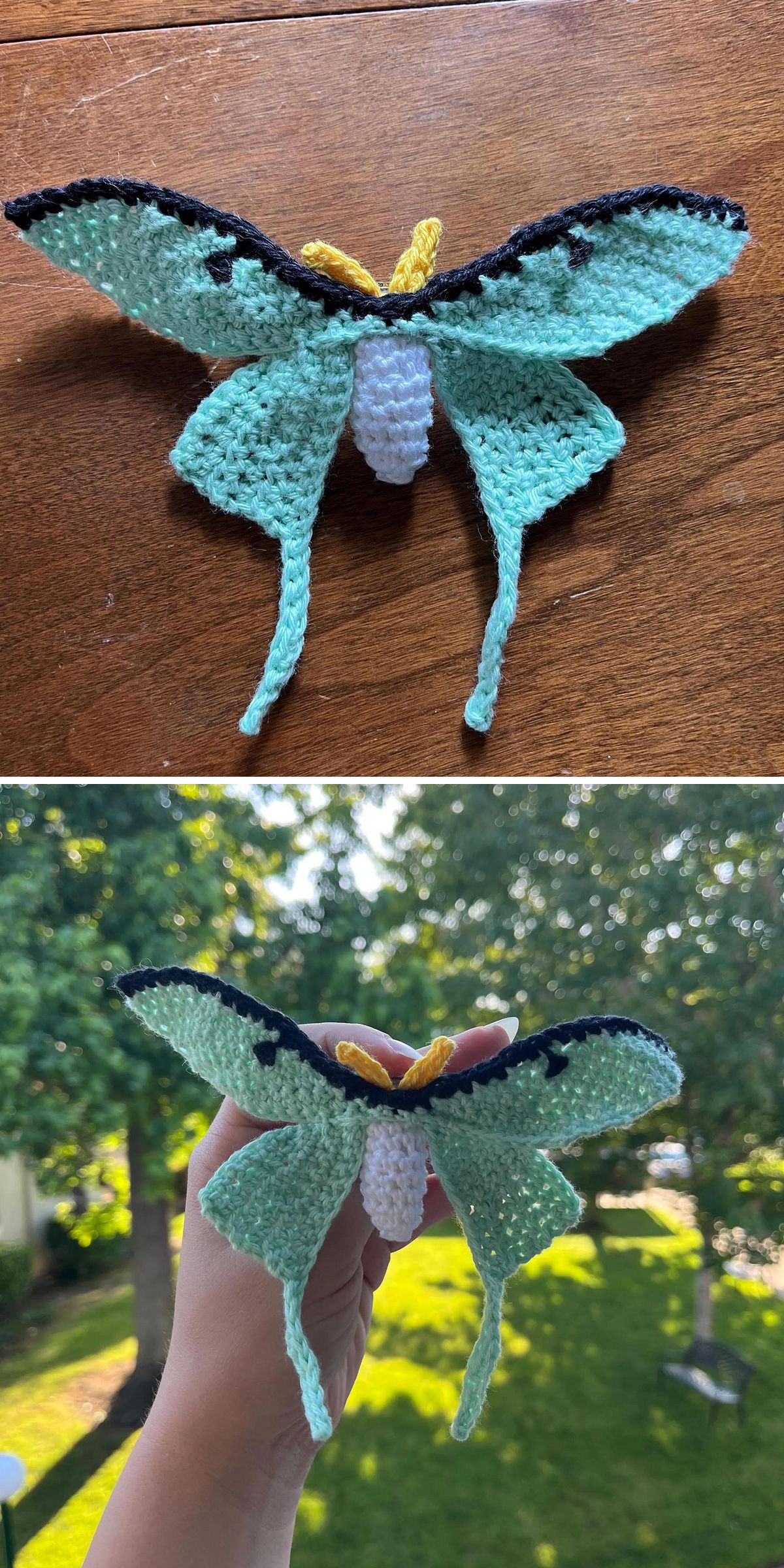 Two photos show a crochet insect — a green moth with black edges and yellow antennae — displayed on a wooden surface and held up outdoors with greenery in the background.