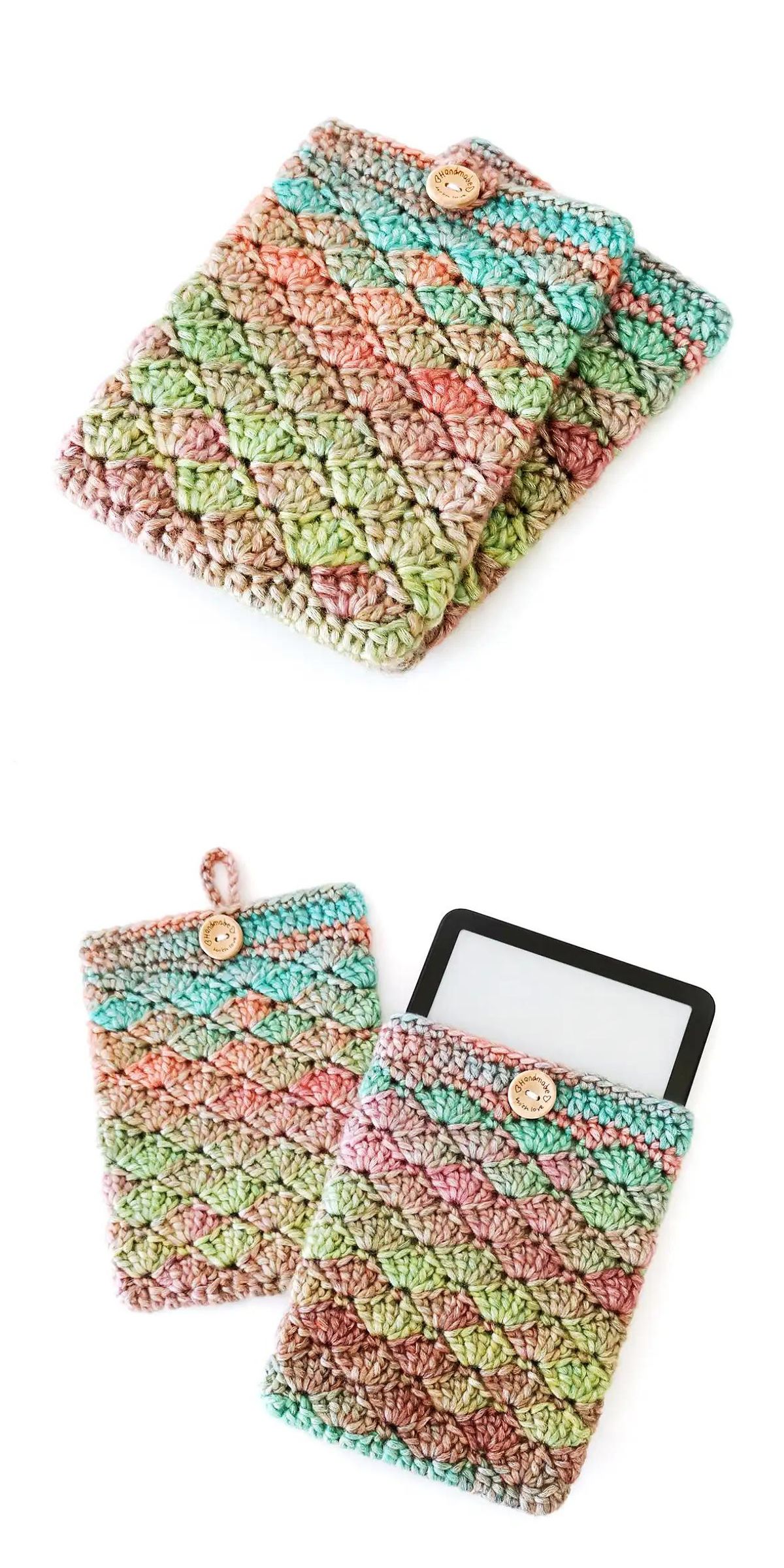 Crocheted tablet sleeves in multicolored yarn with button closures, shown closed and open with a tablet partially inserted — these charming kindle crochet cozies offer both style and protection for your device.