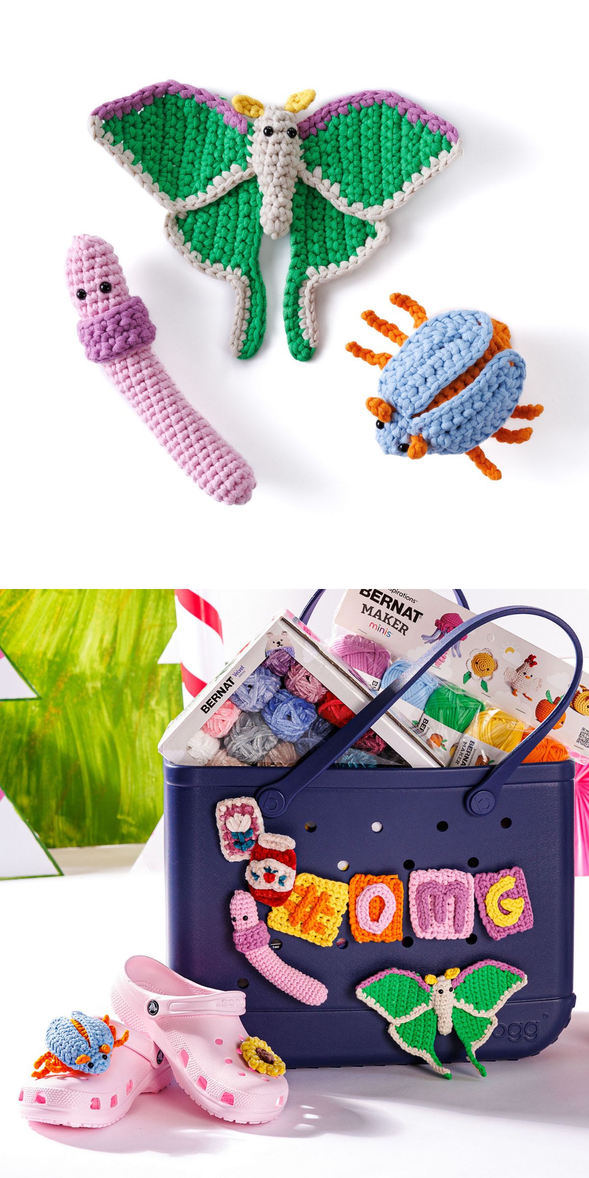 Crocheted butterfly, worm, and beetle are shown; in the second image, these nature-inspired crochet creations appear as bag and shoe accessories alongside yarn and craft supplies.