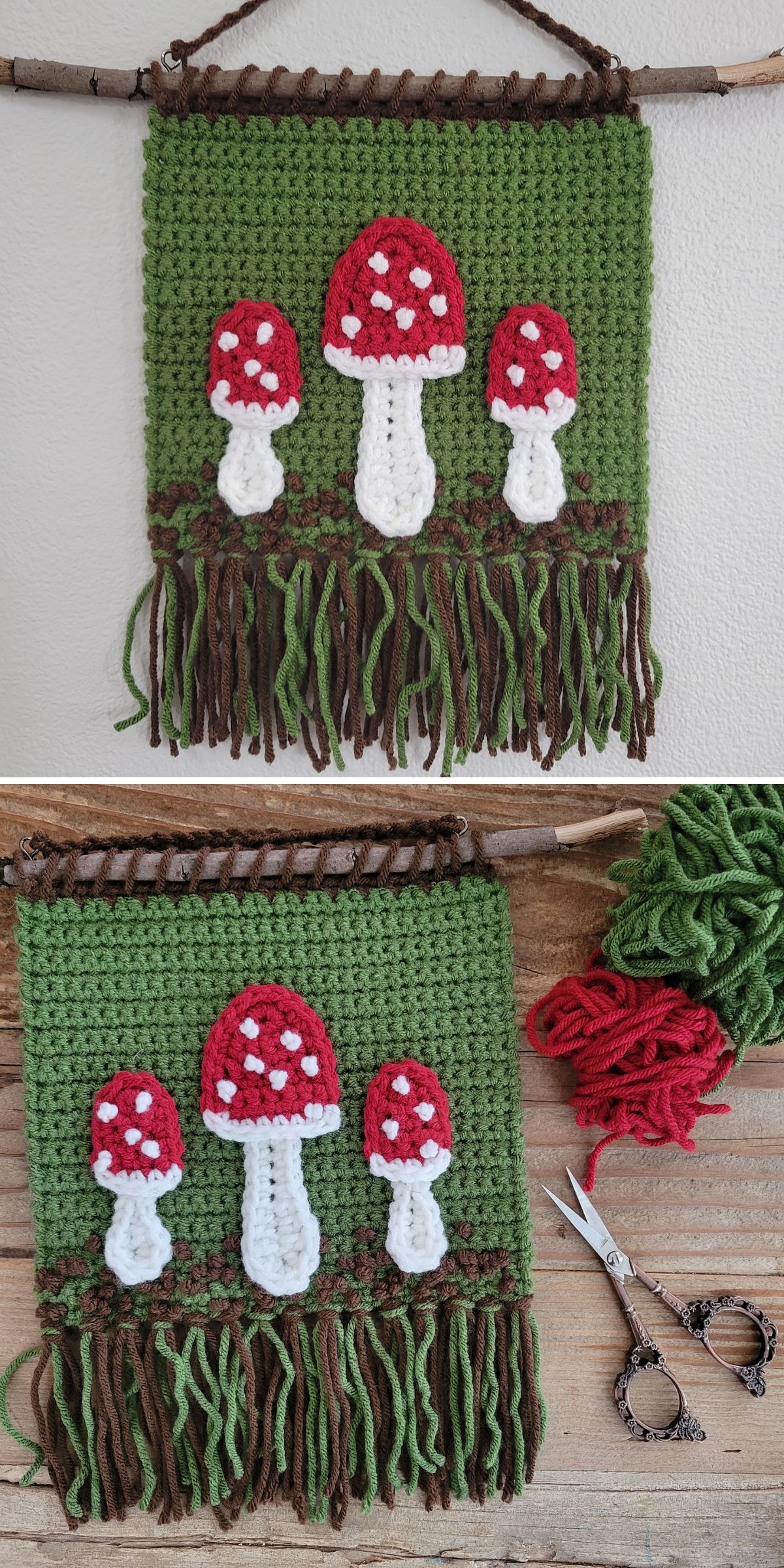 Crocheted wall art featuring four red and white mushrooms on a green background, beautifully crafted as a crochet wall hanging. The piece is accented with brown fringe at the bottom, with yarn and scissors placed beside it for a charming display.