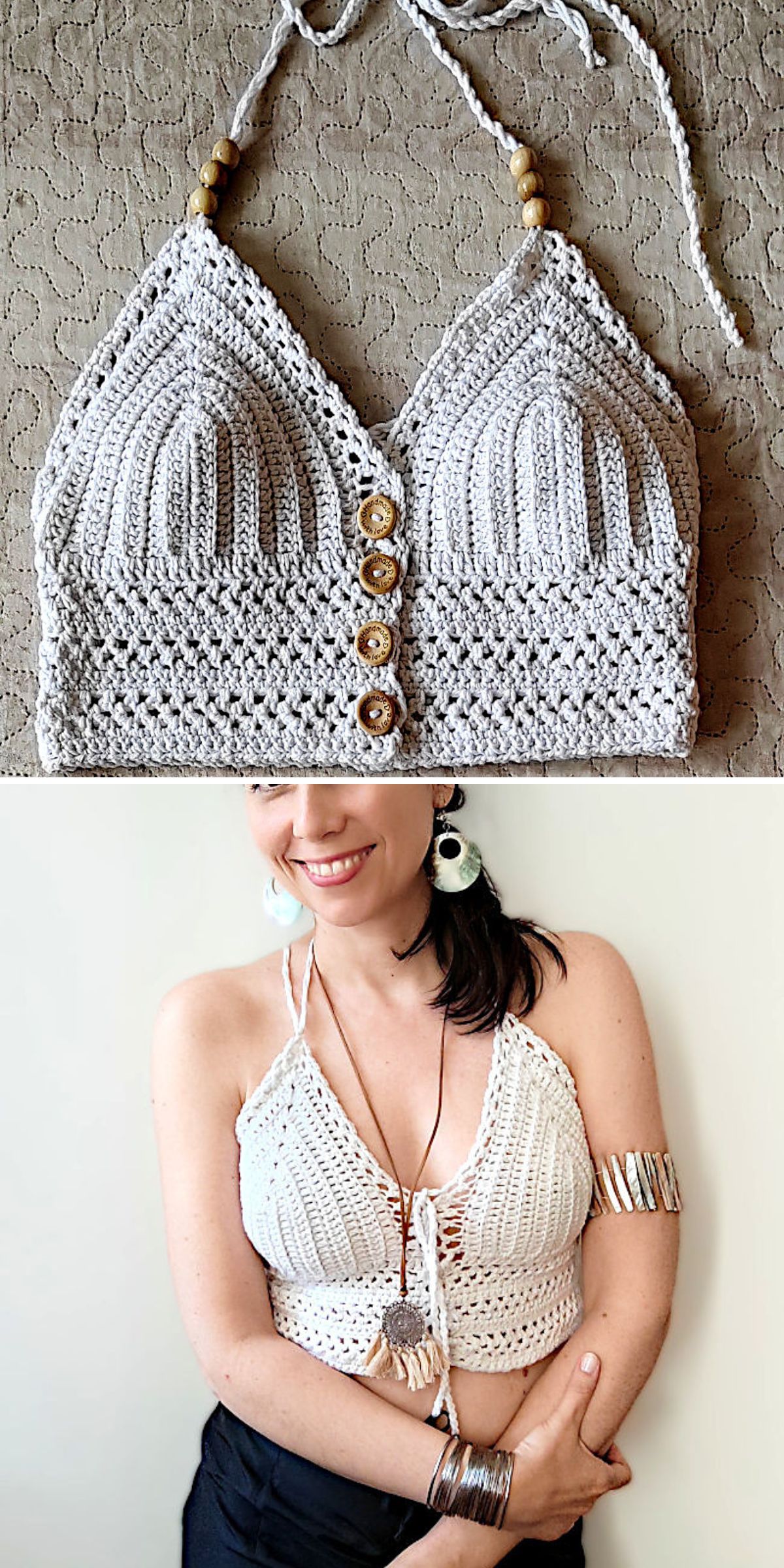 A handmade summer crochet white halter top with buttons and beaded straps, shown laid flat and worn by a woman as a stylish crop top. This unique piece draws inspiration from popular crochet tank top patterns and is perfect for warm weather looks.