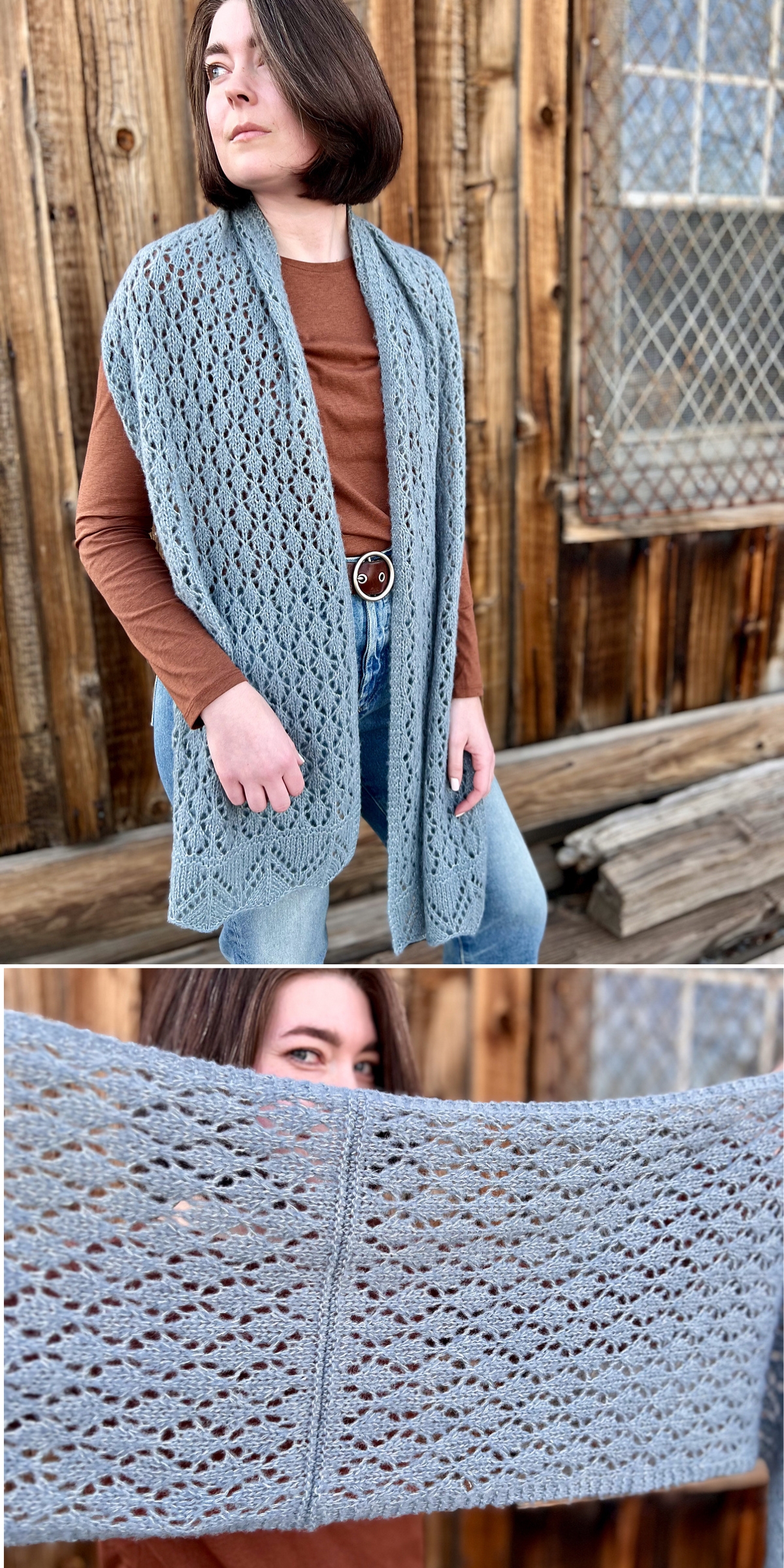 A woman wearing a brown top and blue jeans models a light blue crocheted lace wrap in front of a wooden wall. Reminiscent of styles found in free knitting patterns for wraps, a close-up shows the scarf’s detailed, openwork pattern.