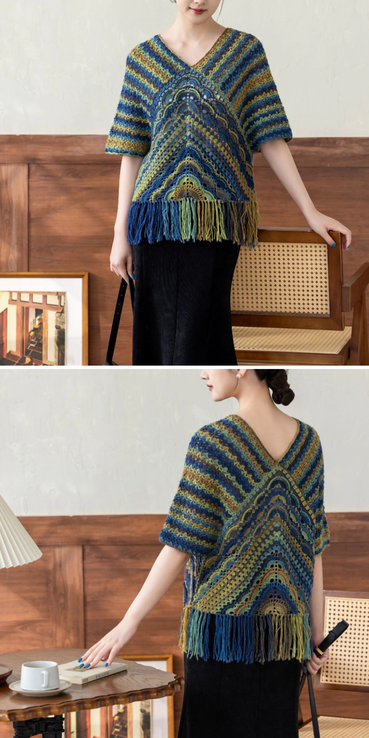 A woman wears a blue, green, and yellow striped crochet tee with fringe, posing in front of a wooden wall and a cane chair, shown from the front and back.