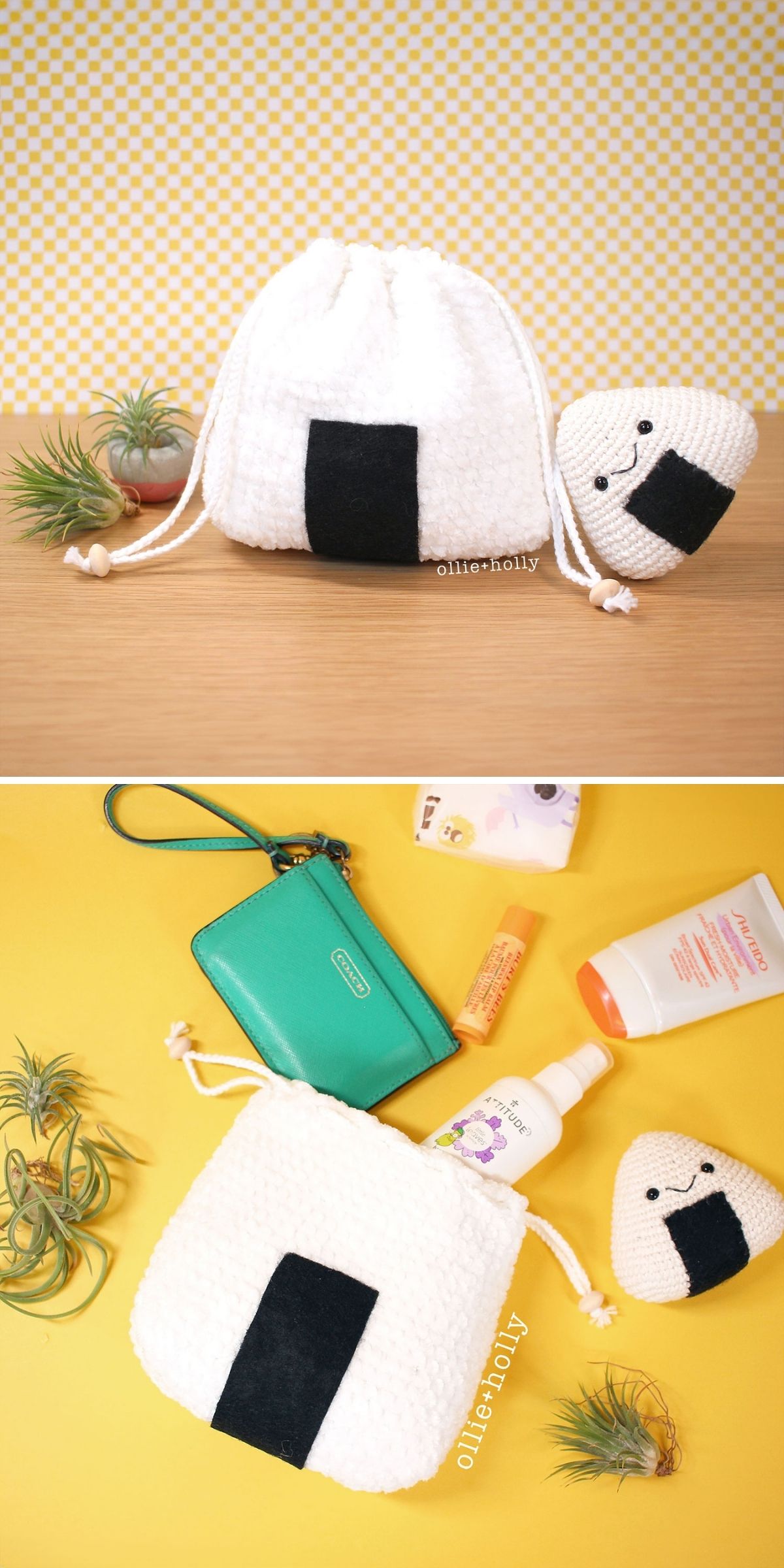 A white drawstring pouch and a smiling onigiri-shaped plush are shown; the pouch — perfect as a crochet bag for kids — is open and holding a wallet, lotion, and other small items.