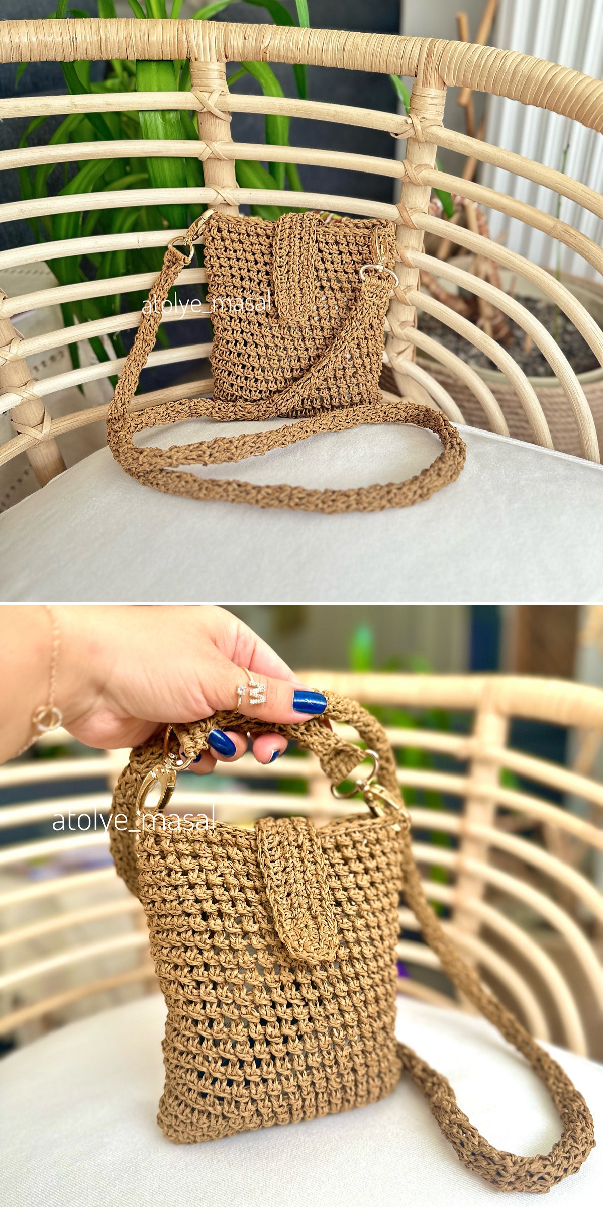 A small, handwoven tan crochet crossbody bag with a long strap is shown on a rattan chair; one image also shows a hand holding the bag by its handle.