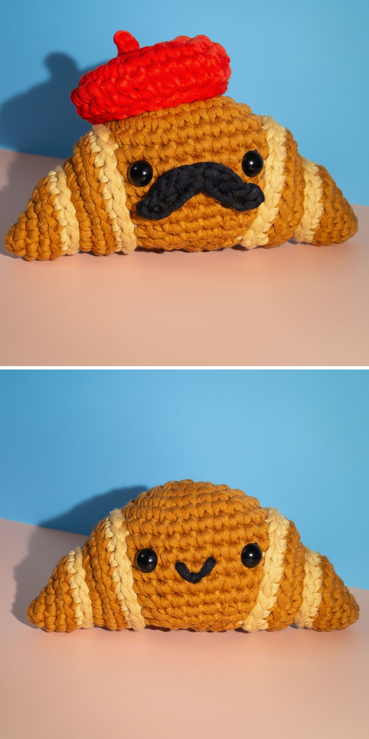 Two crochet food creations — crocheted croissants with charming faces; the top one sports a black mustache and red beret, while the bottom one has a simple smile. Both are set against a blue and pink background.