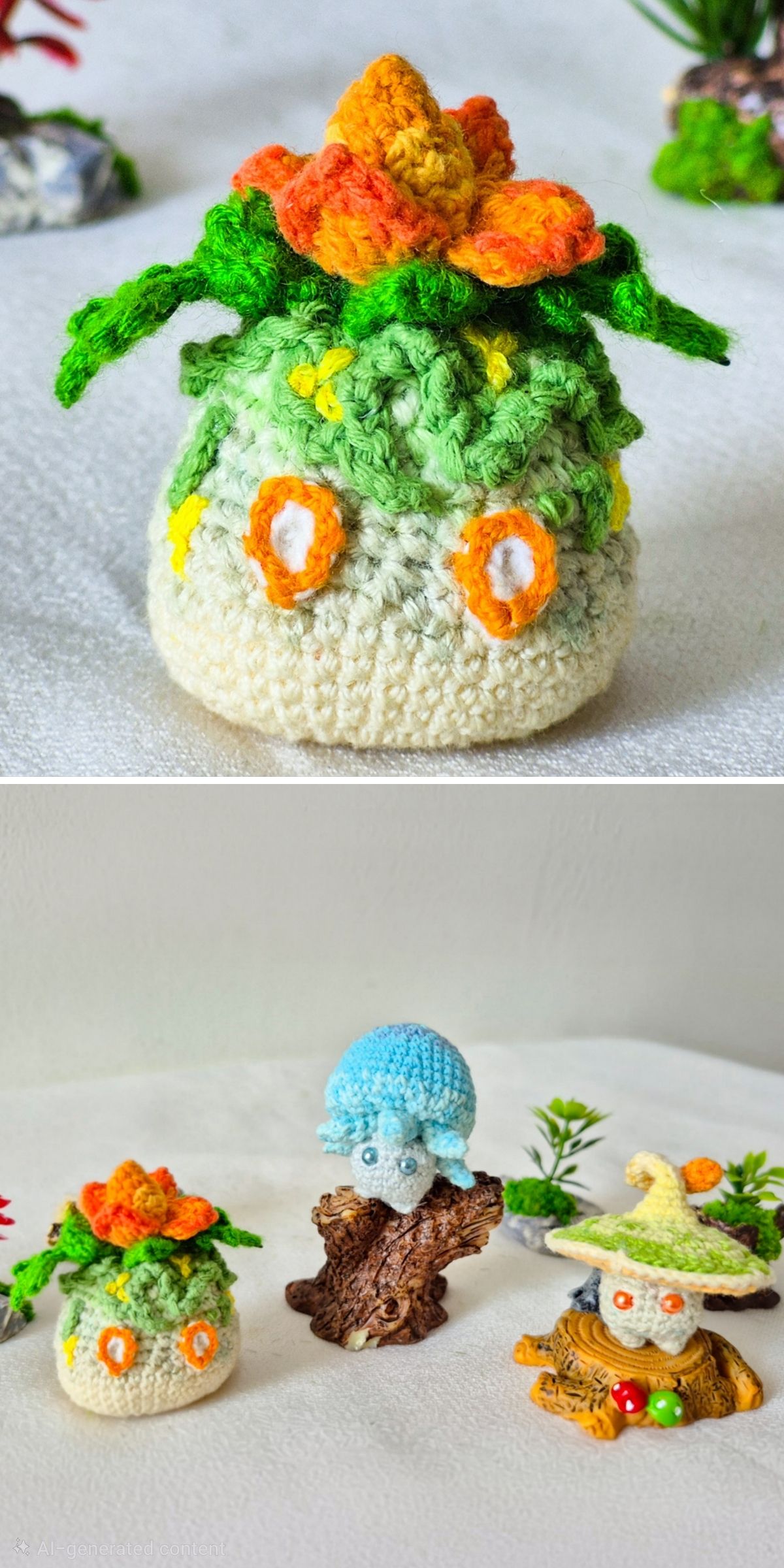 Crocheted plush figures, including a whimsical crochet plant in green and orange, a blue hedgehog, and a wizard, are displayed on a white surface with small decorative plants in the background.