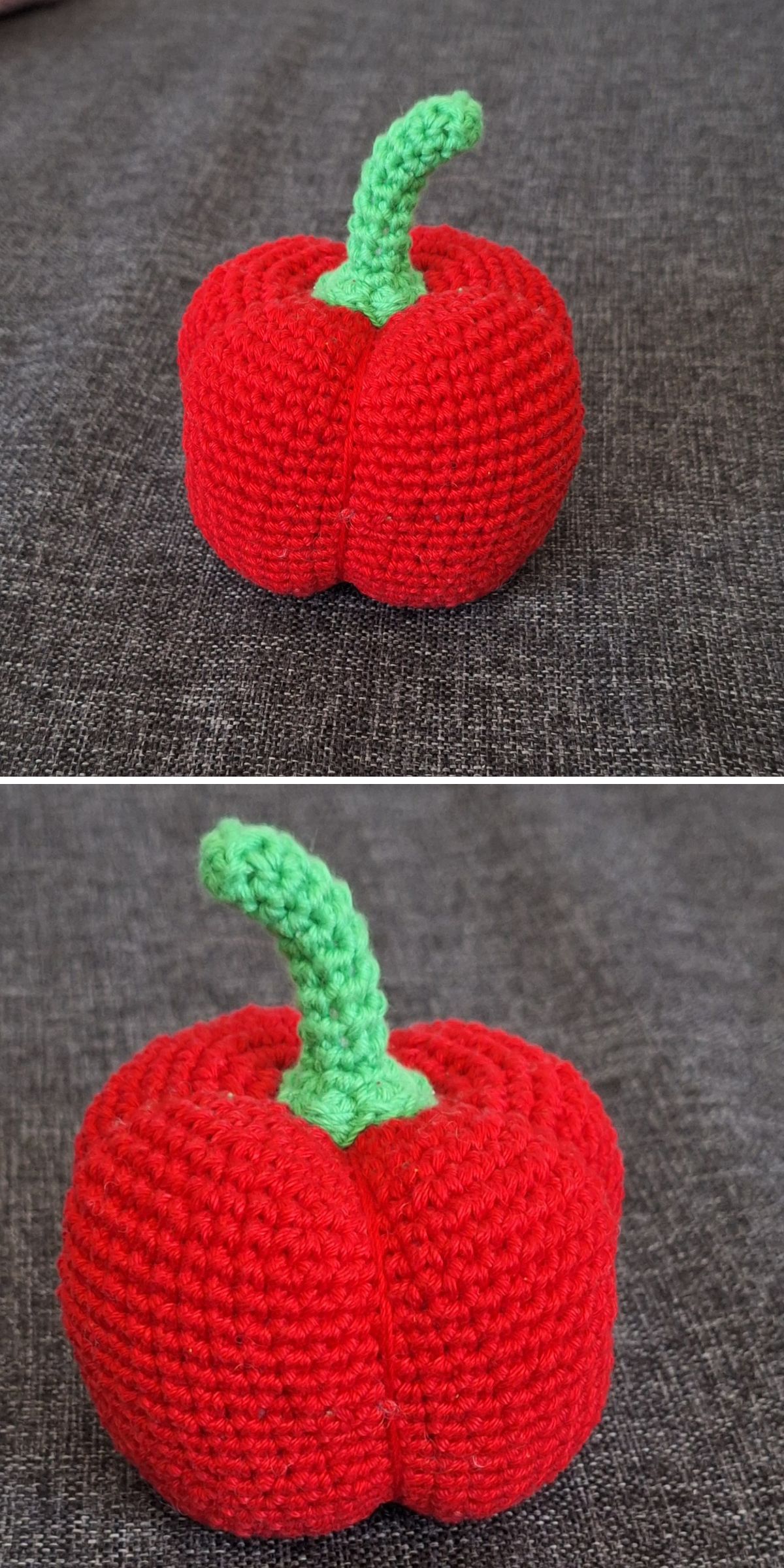 Two photos show a red crochet bell pepper, complete with a green stem, placed on a gray textured surface.