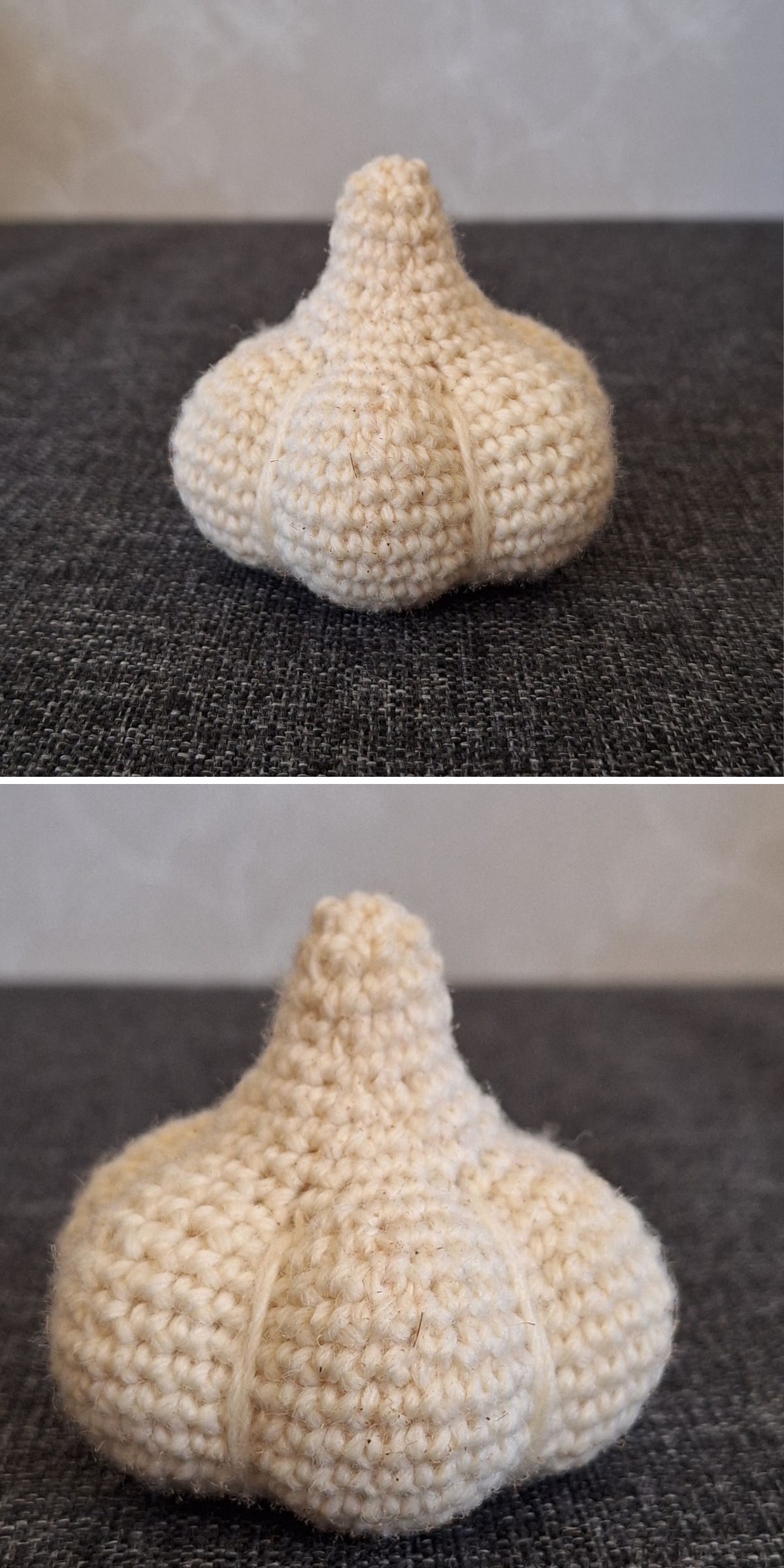A handmade, beige crochet garlic bulb is displayed on a dark fabric surface in two close-up shots.