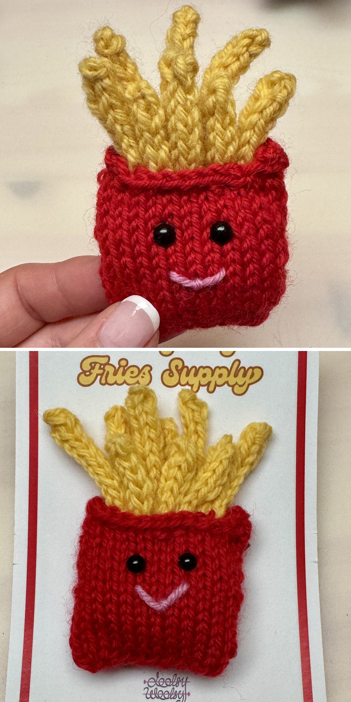 A small knitted item shaped like a box of French fries with black eyes and a pink smile, shown both held in a hand and attached to a “Fries Supply” card — perfect for fans of whimsical Knitted Food Patterns.