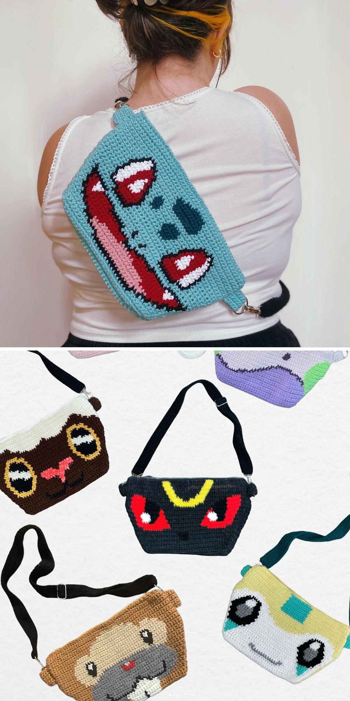 A person wears a crocheted bag with a cartoonish blue face; below are four crochet bags in various colors, each featuring different animal or creature faces. These playful designs are perfect for those searching for fun kids bag patterns or looking to try out new crochet bag patterns.