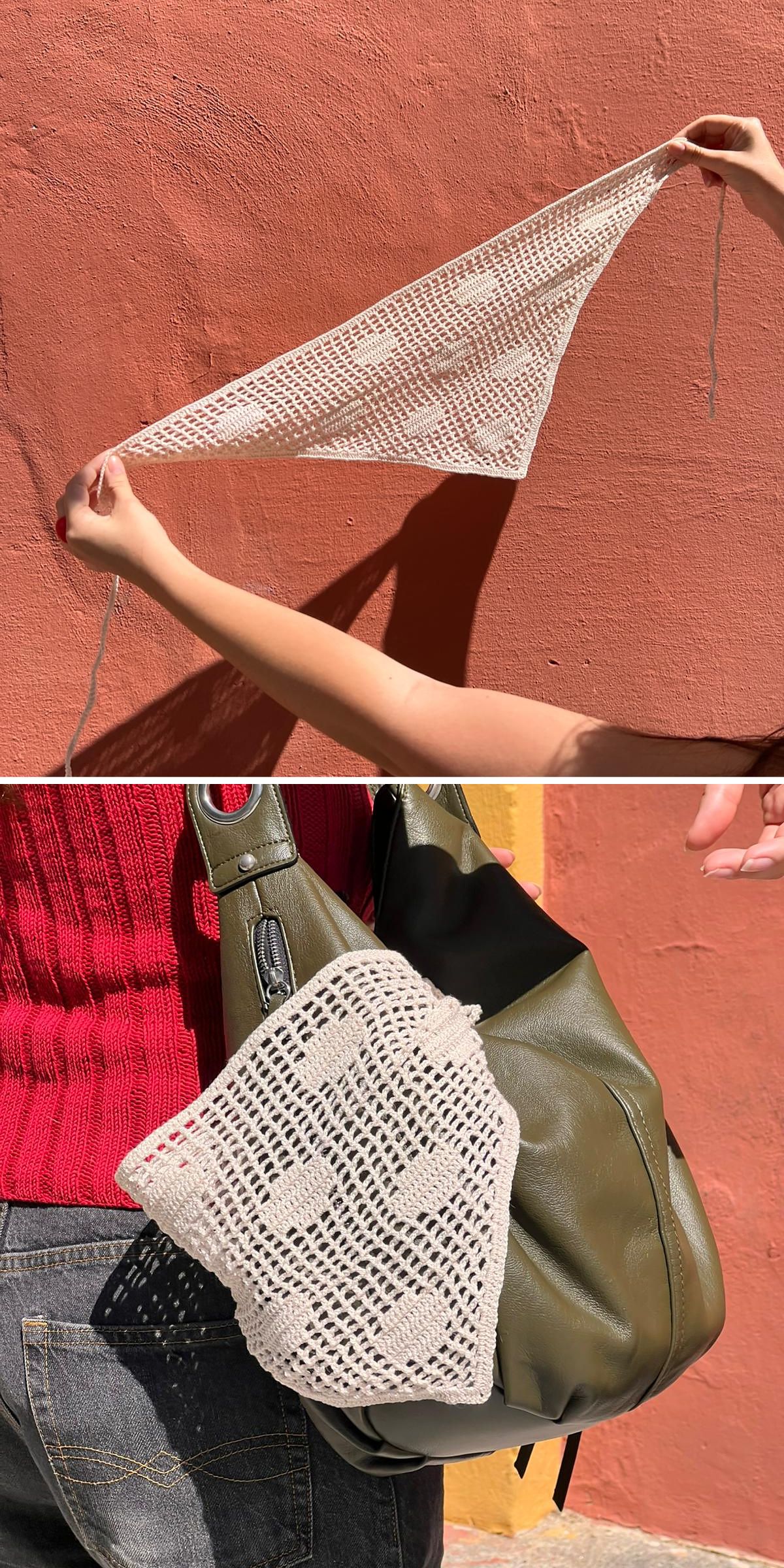 A person holds a white crochet bandana shaped like a triangle in the first image; in the second, the bandana is tied to an olive green bag hanging from their shoulder.
