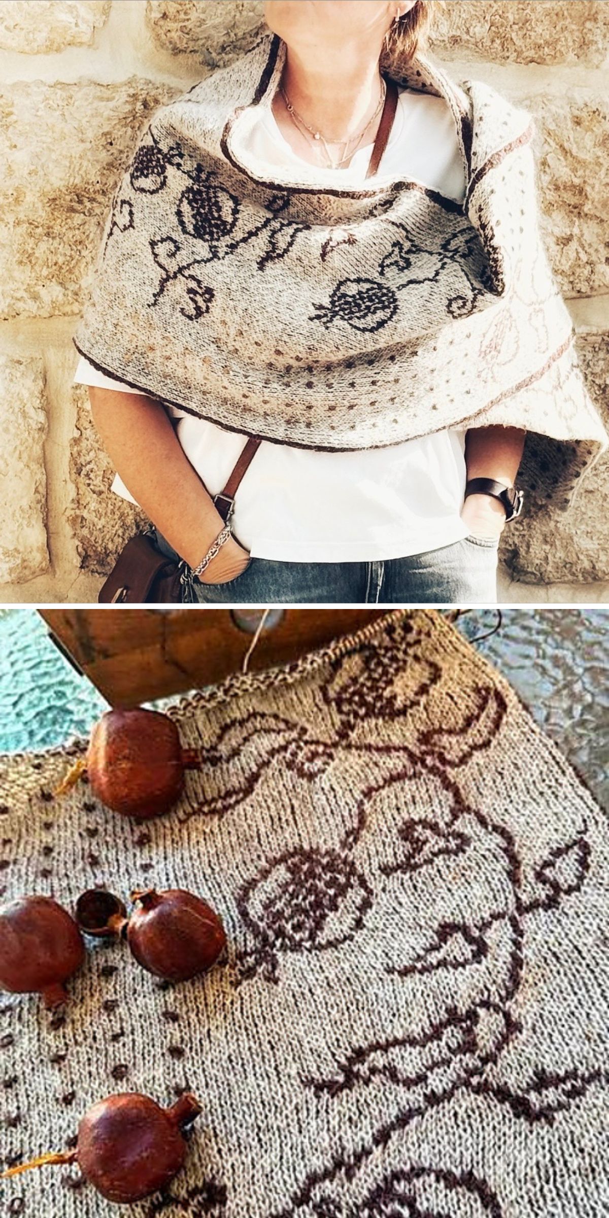 A person wears a beige knitted shawl with brown floral designs. A close-up shows the shawl’s pattern beside several pomegranates, offering inspiration for those seeking free knitting patterns for wraps.